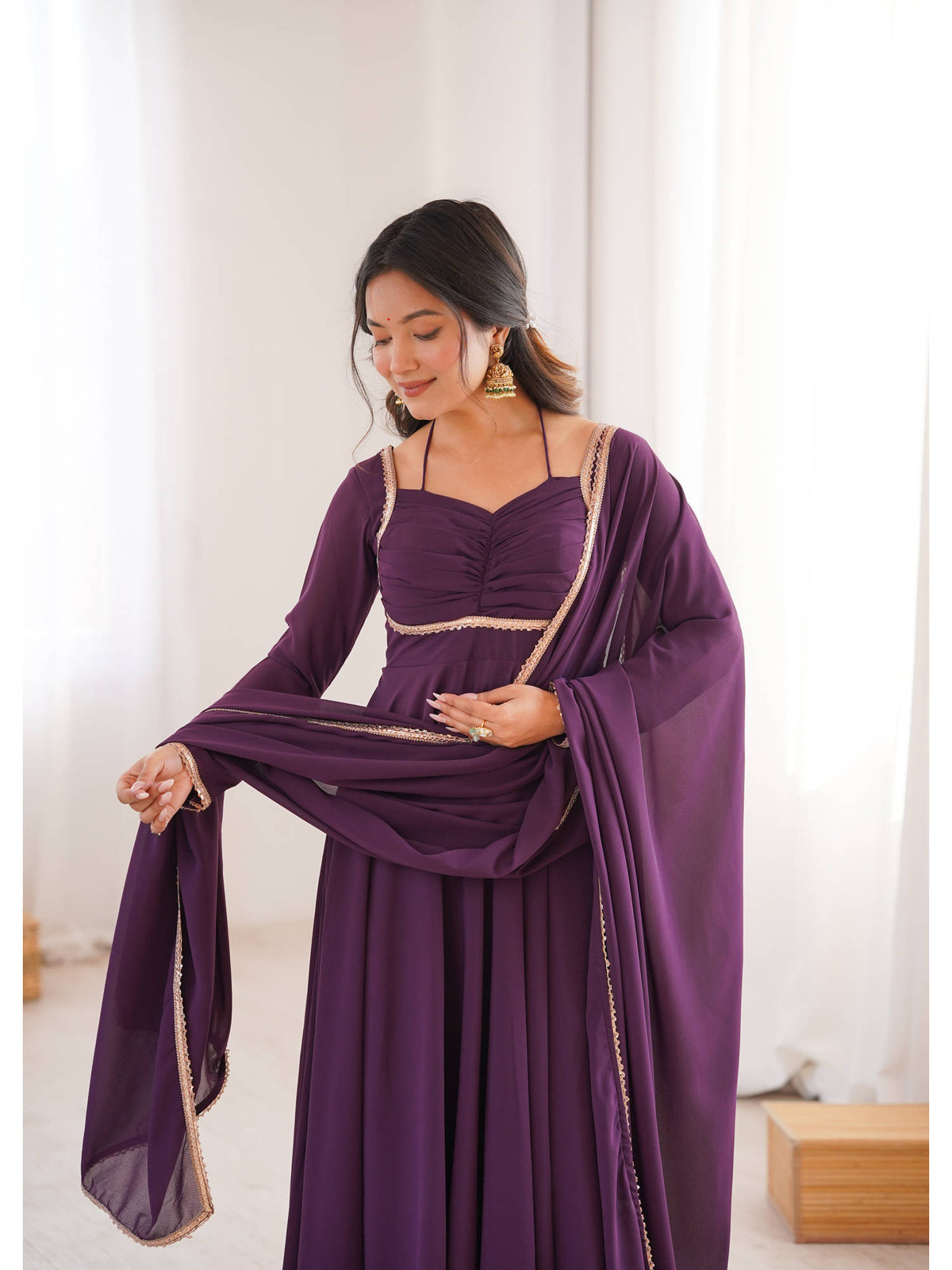 Mauve Solid Georgette Flared Anarkali and Dupatta Set | U3S - view 9