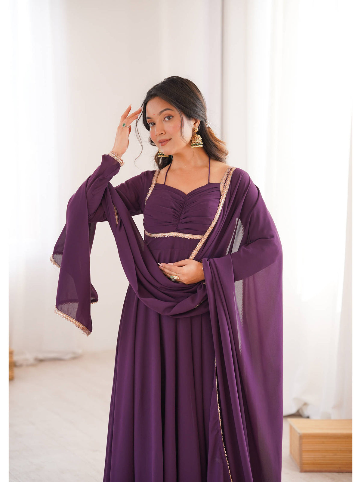 Mauve Solid Georgette Flared Anarkali and Dupatta Set | U3S - view 12