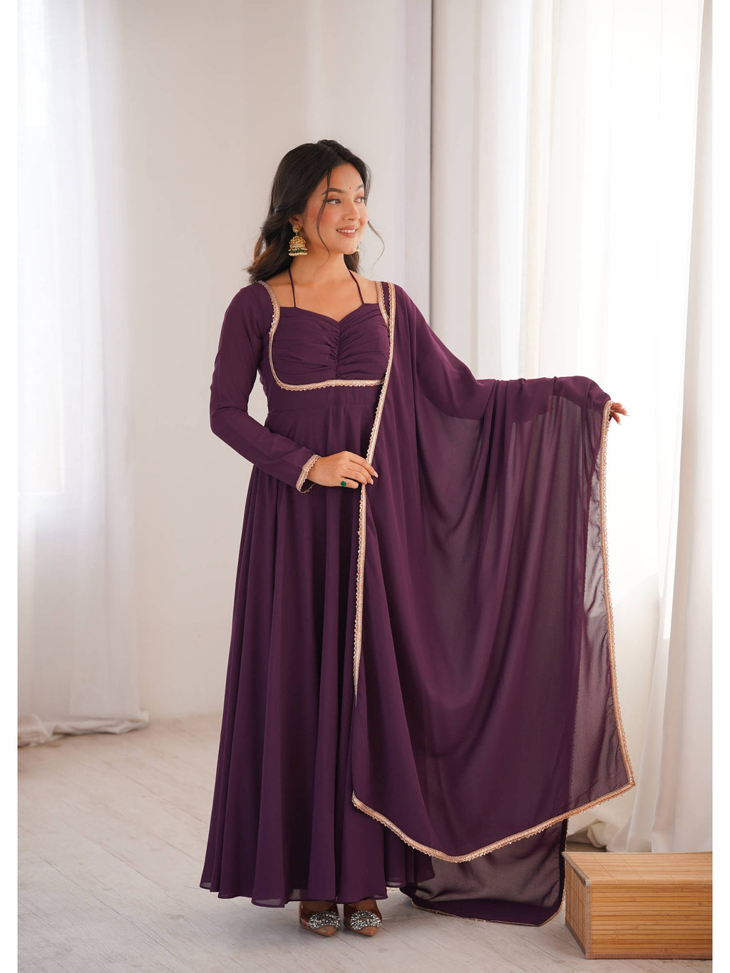 Mauve Solid Georgette Flared Anarkali and Dupatta Set | U3S - view 13