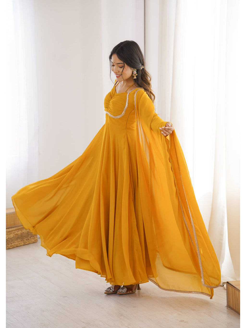 Mauve Solid Georgette Flared Anarkali and Dupatta Set | KDG - view 18