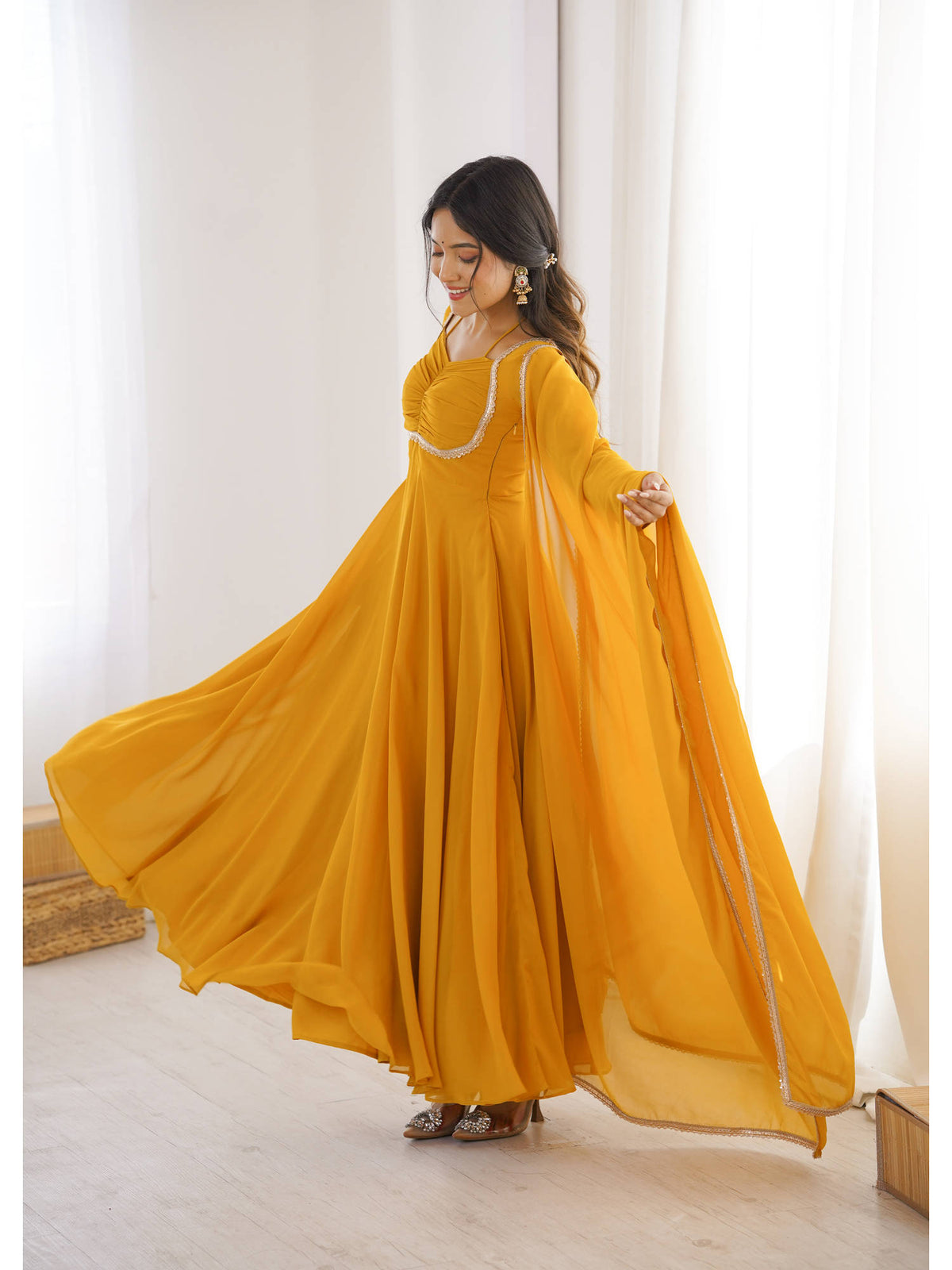 Mauve Solid Georgette Flared Anarkali and Dupatta Set | U3S - view 18