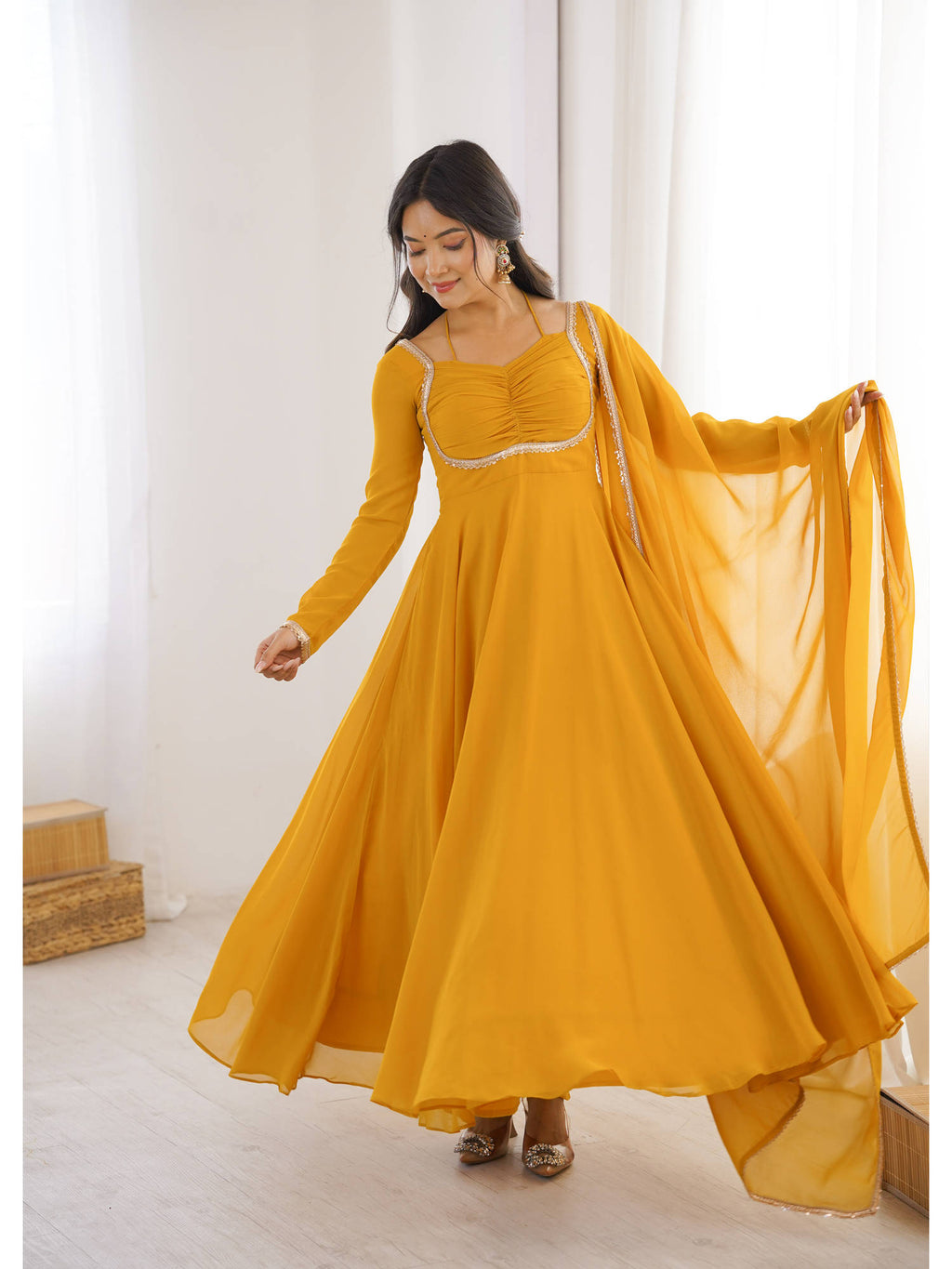 Mauve Solid Georgette Flared Anarkali and Dupatta Set | KDG - view 20