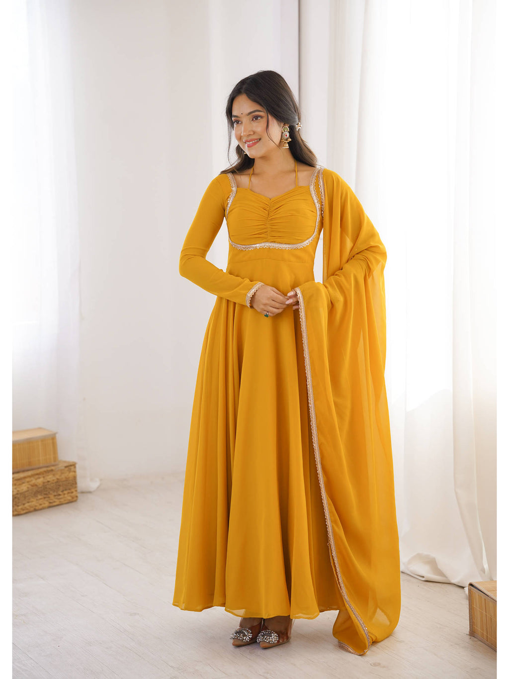 Mauve Solid Georgette Flared Anarkali and Dupatta Set | U3S - view 21