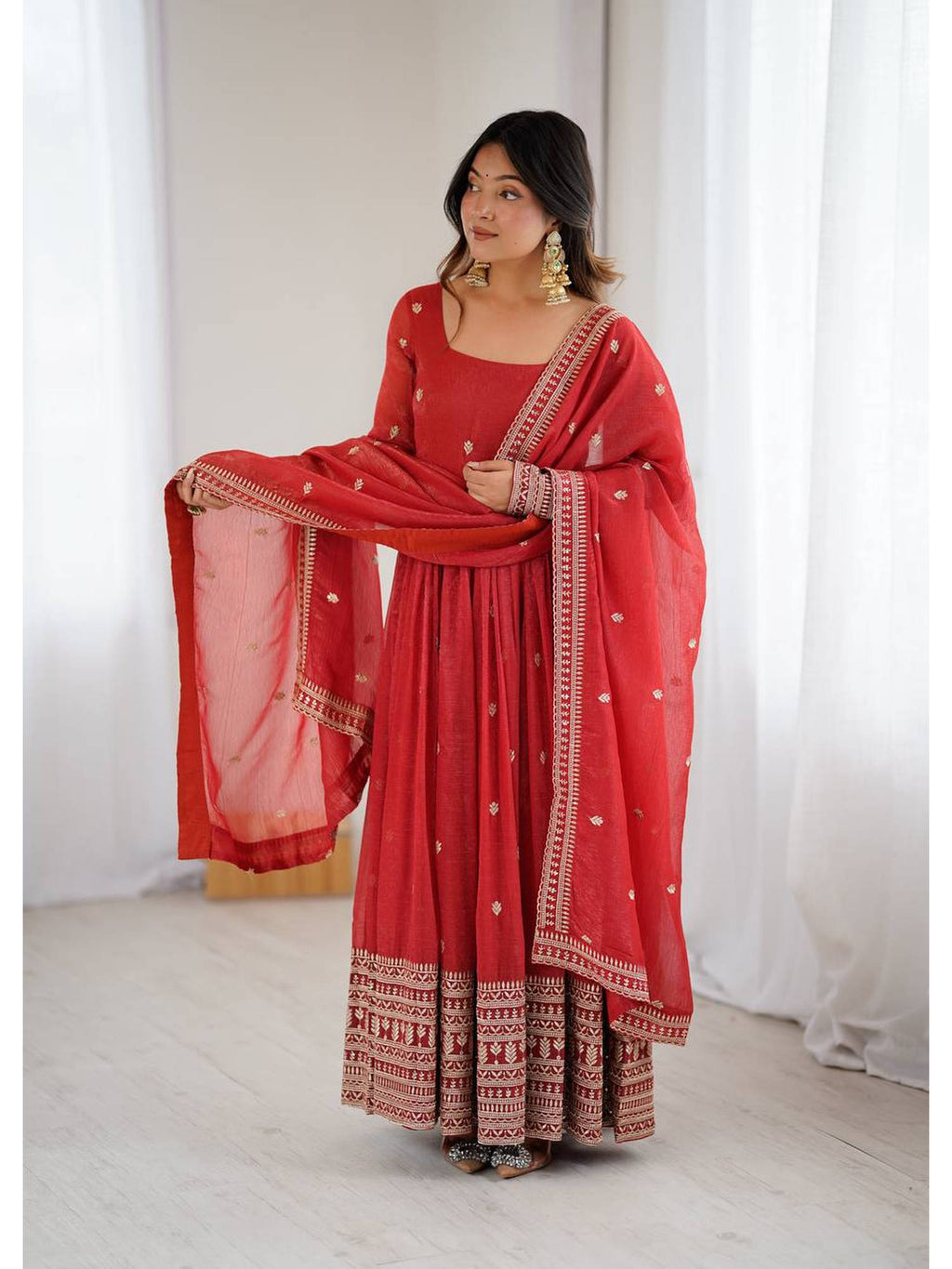 Women'S Embroidery Work Crunchy Silk Fabric Anarkali and Dupatta Set | FY93 - view 1