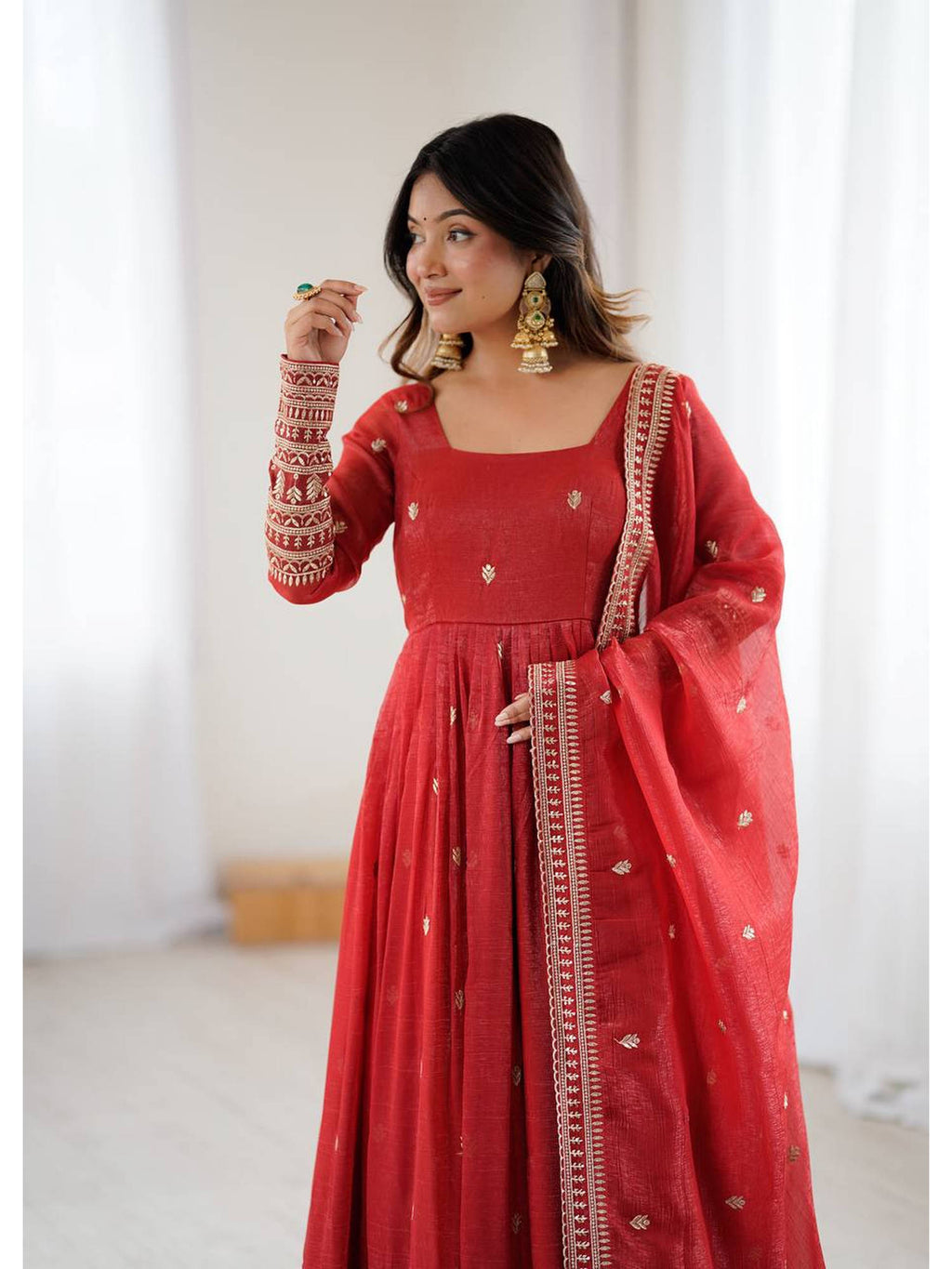 Women'S Embroidery Work Crunchy Silk Fabric Anarkali and Dupatta Set | KDG - view 2