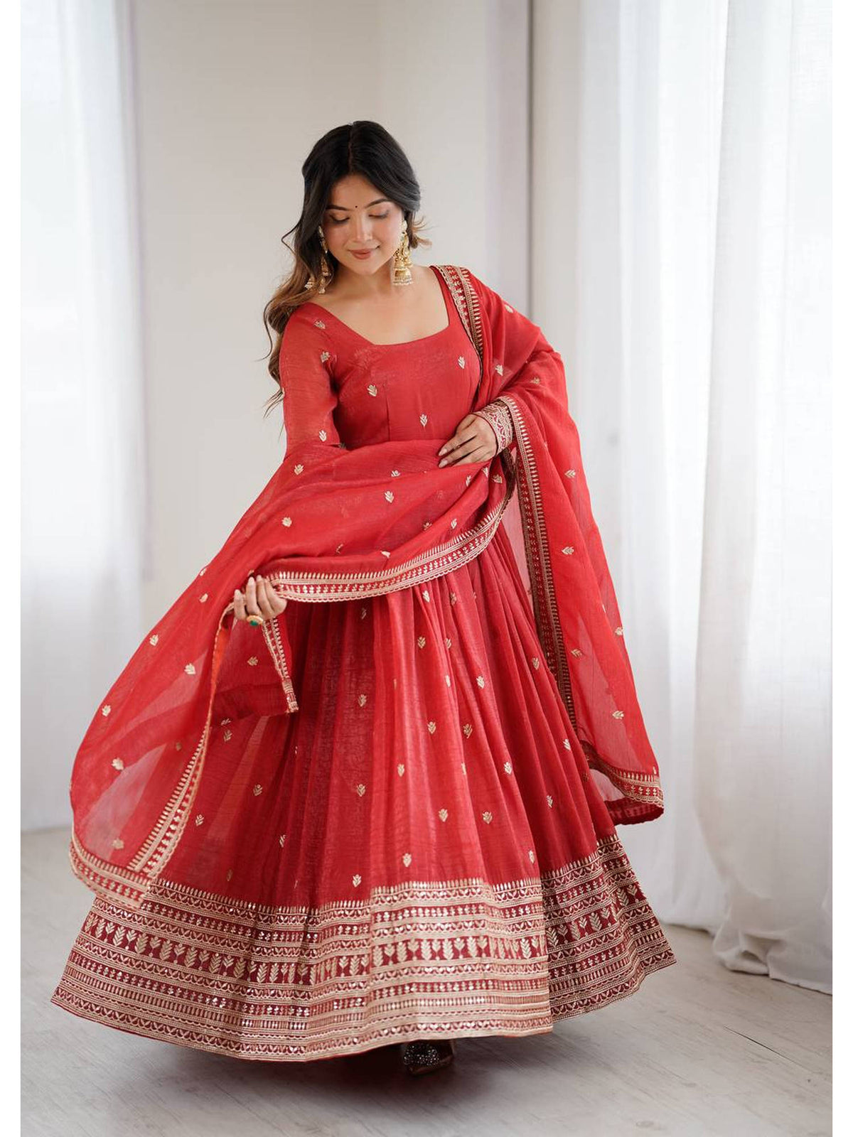 Women'S Embroidery Work Crunchy Silk Fabric Anarkali and Dupatta Set | FY93 - view 5