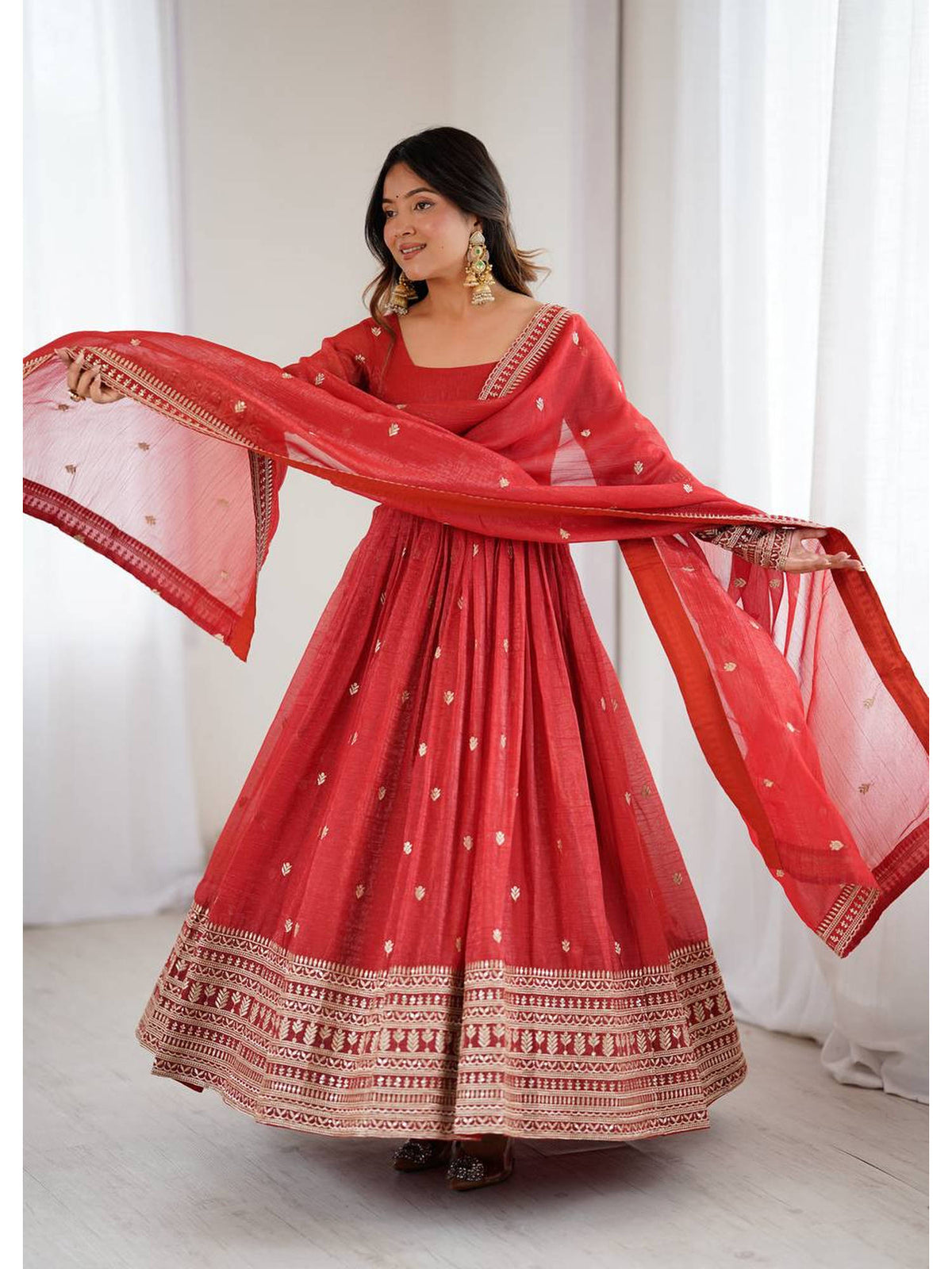 Women'S Embroidery Work Crunchy Silk Fabric Anarkali and Dupatta Set | FY93 - view 7