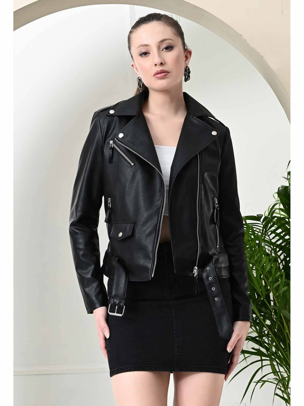 Brighter Black Crop Leather Jacket with Belt (Set of 2) | JC78 - view 1