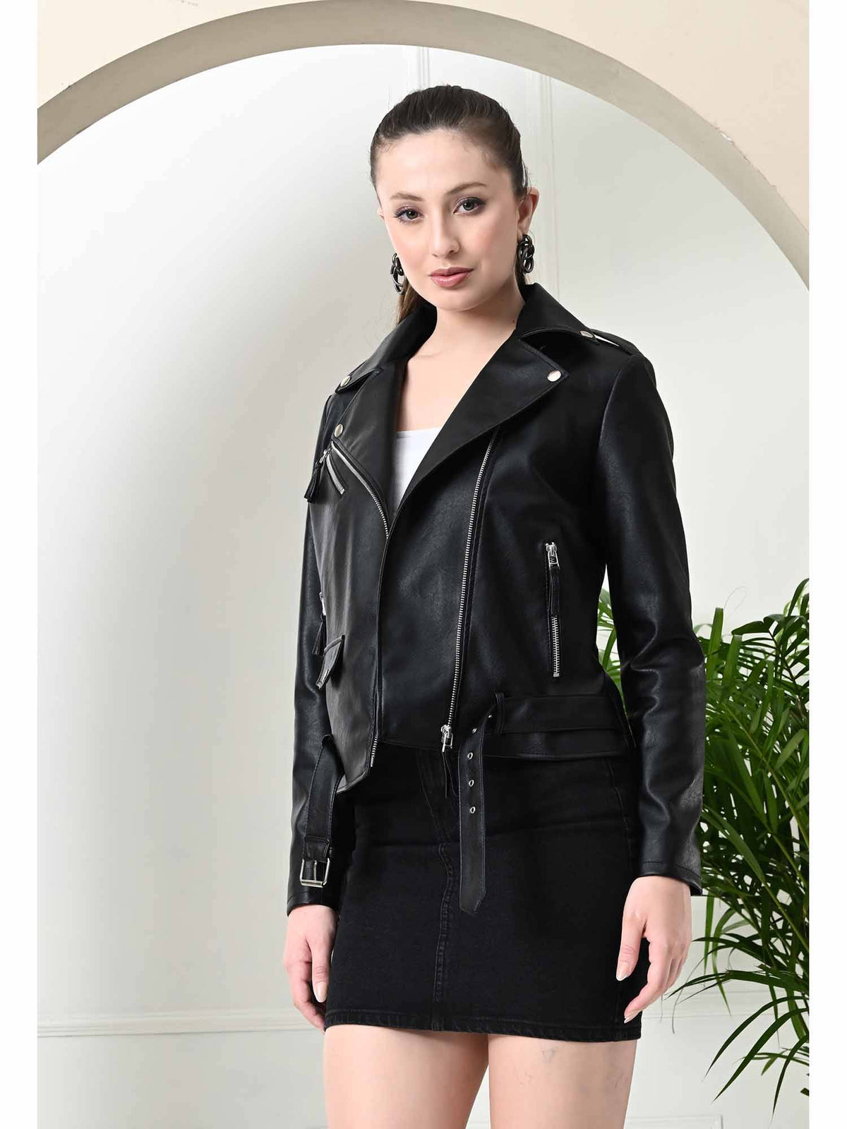 Brighter Black Crop Leather Jacket with Belt (Set of 2) | JC78 - view 3