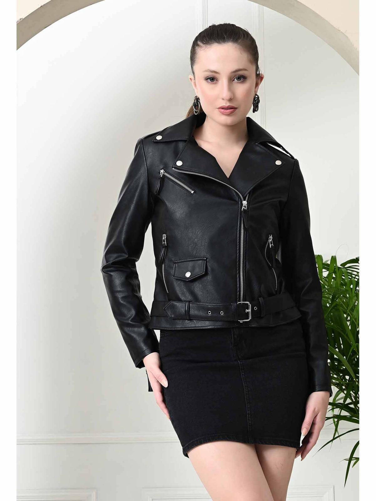 Brighter Black Crop Leather Jacket with Belt (Set of 2) | JC78 - view 4
