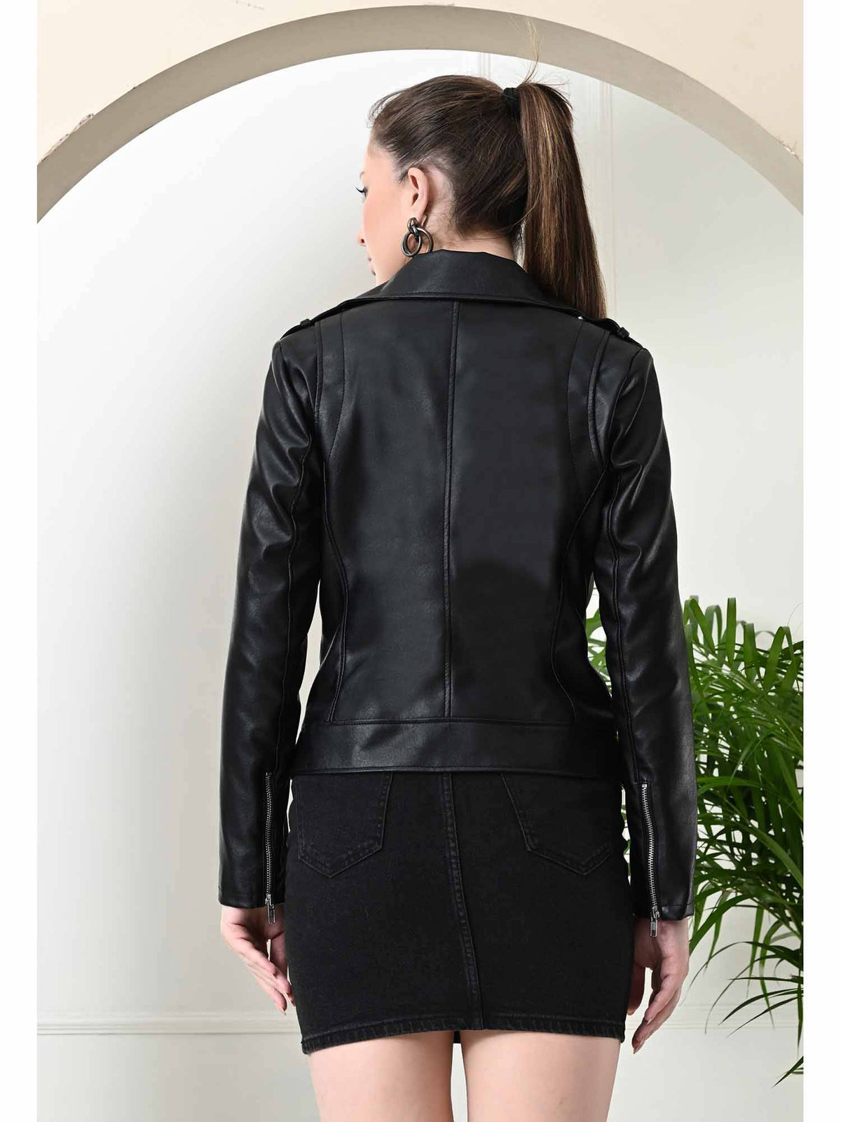 Women Solid Black Light Weight Leather Biker Jacket | JC78 - view 2