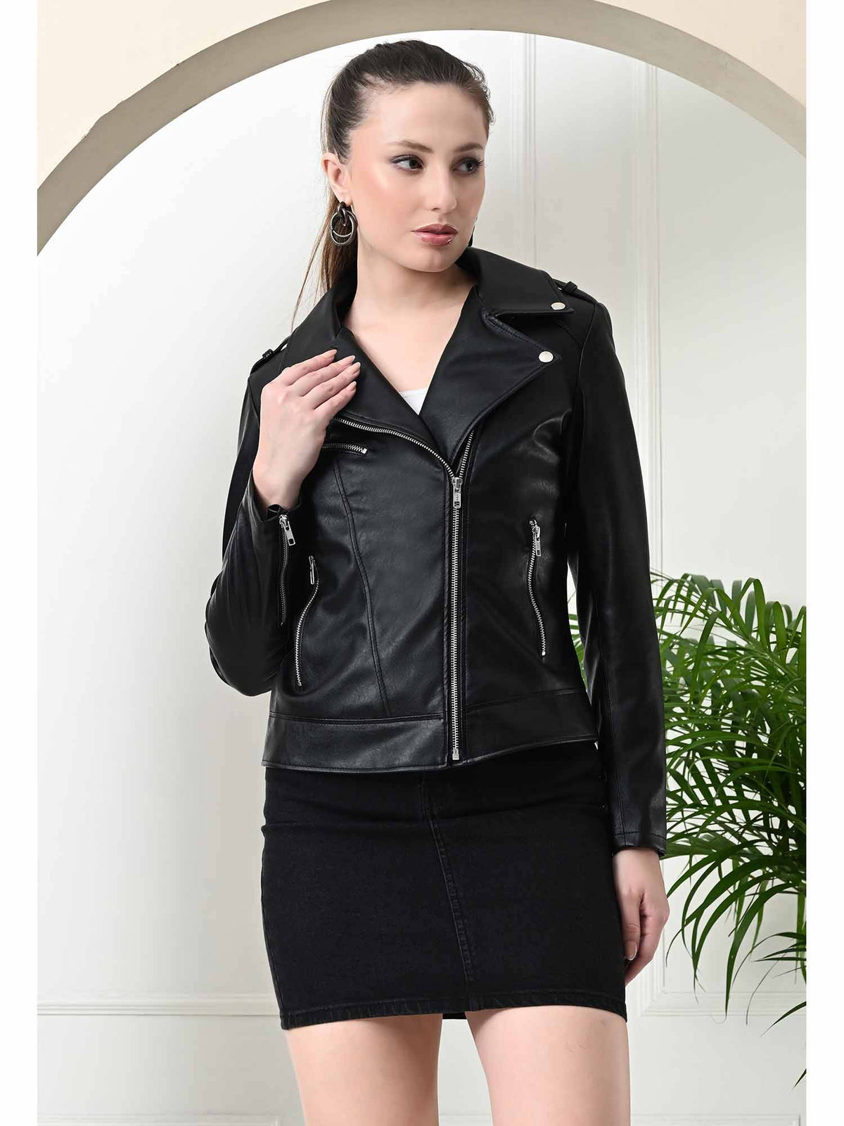 Women Solid Black Light Weight Leather Biker Jacket | JC78 - view 4