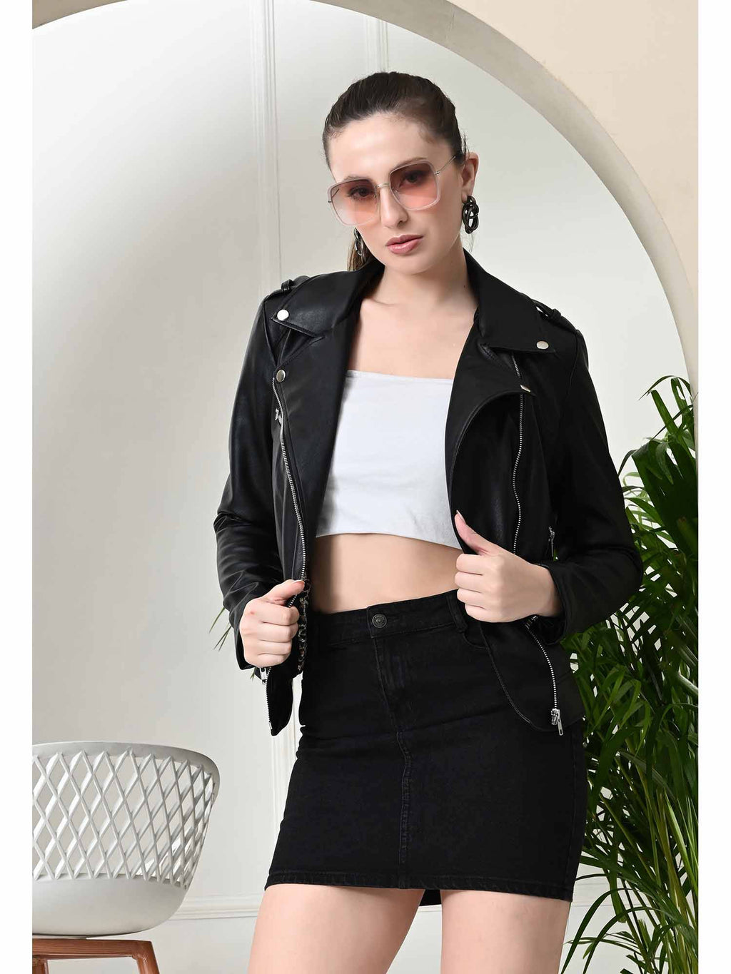 Women Solid Black Light Weight Leather Biker Jacket | JC78 - view 5