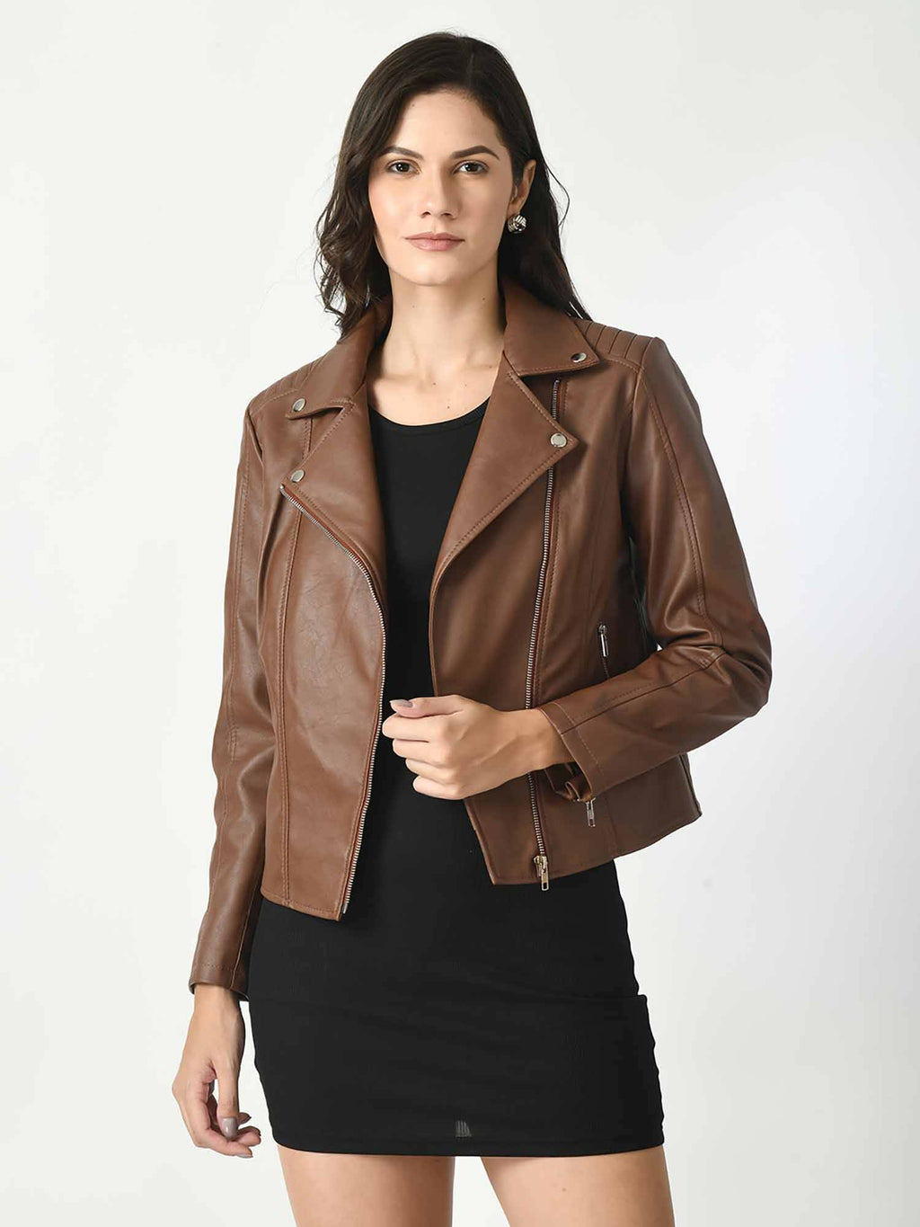 Dark Tan Solid Leather Biker Jacket for Women | JC78 - view 1