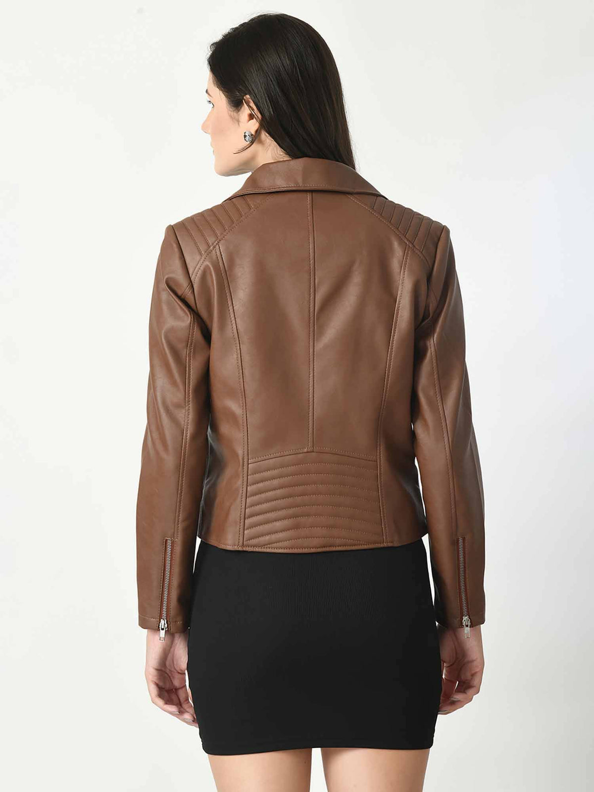 Dark Tan Solid Leather Biker Jacket for Women | JC78 - view 2