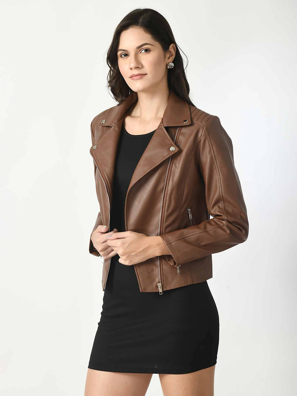 Dark Tan Solid Leather Biker Jacket for Women | JC78 - view 3