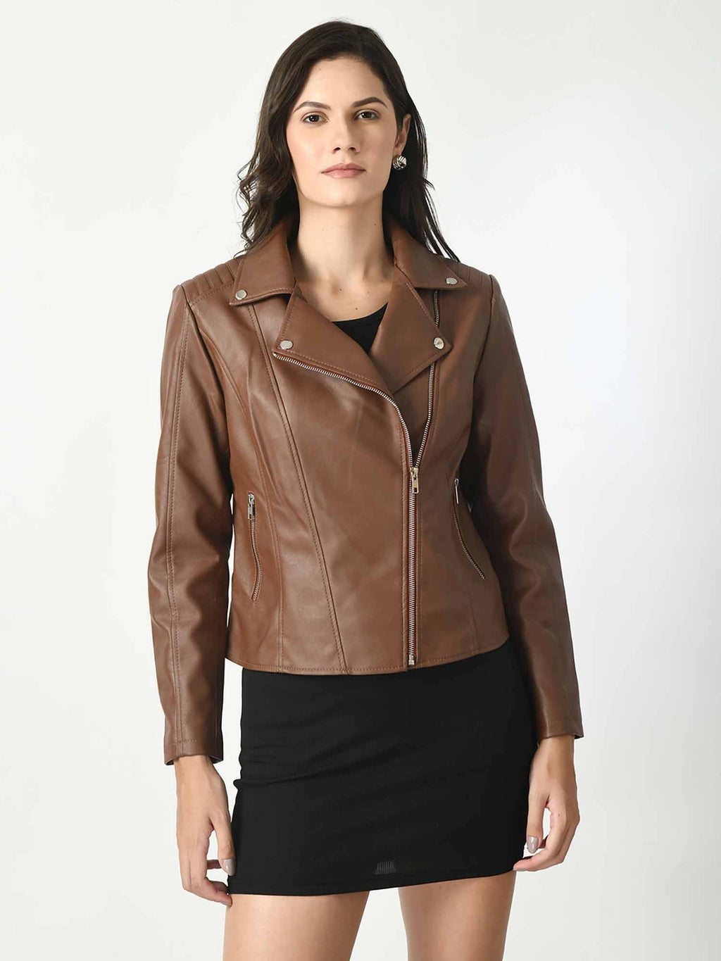 Dark Tan Solid Leather Biker Jacket for Women | JC78 - view 4