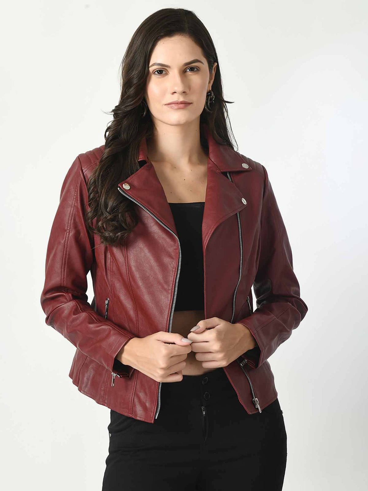 Dark Tan Solid Leather Biker Jacket for Women | JC78 - view 28