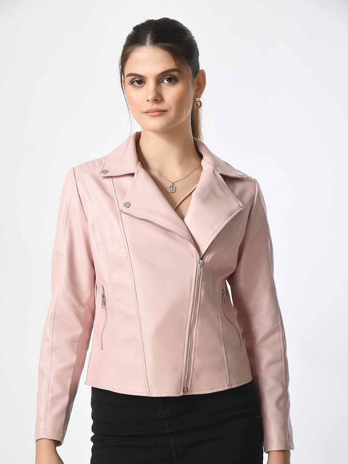 Dark Tan Solid Leather Biker Jacket for Women | JC78 - view 21