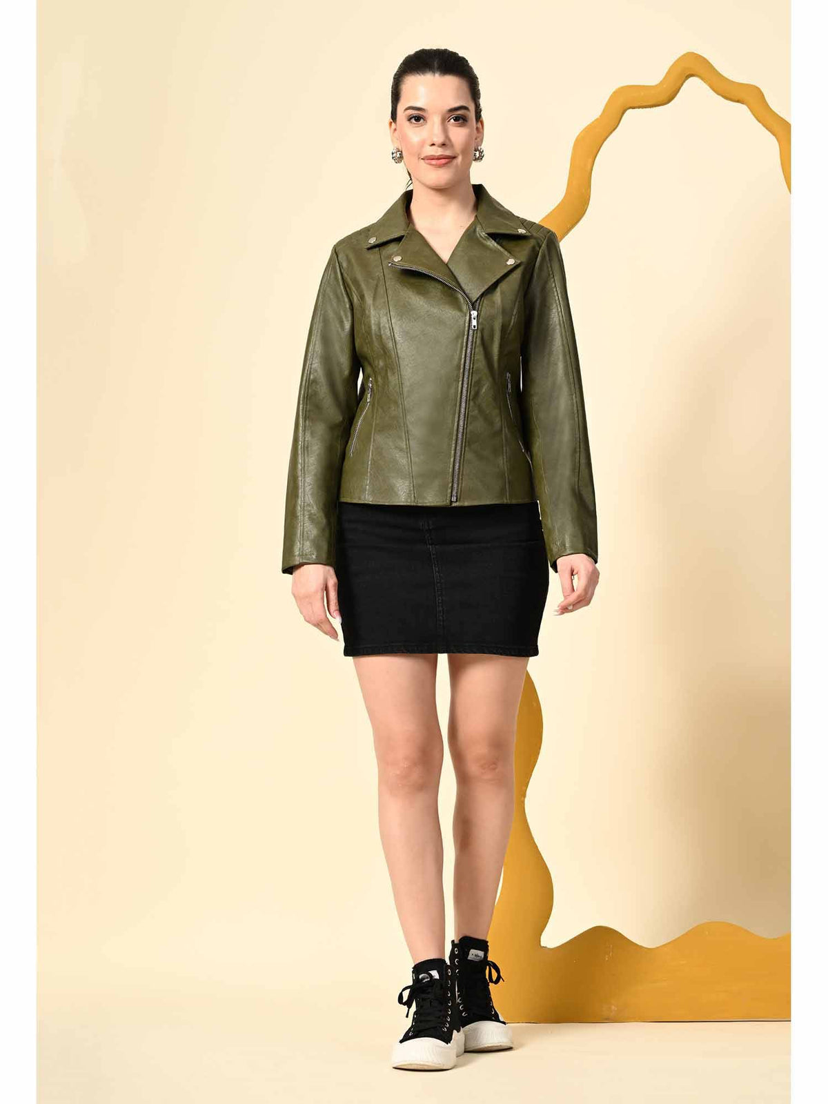 Dark Tan Solid Leather Biker Jacket for Women | JC78 - view 14