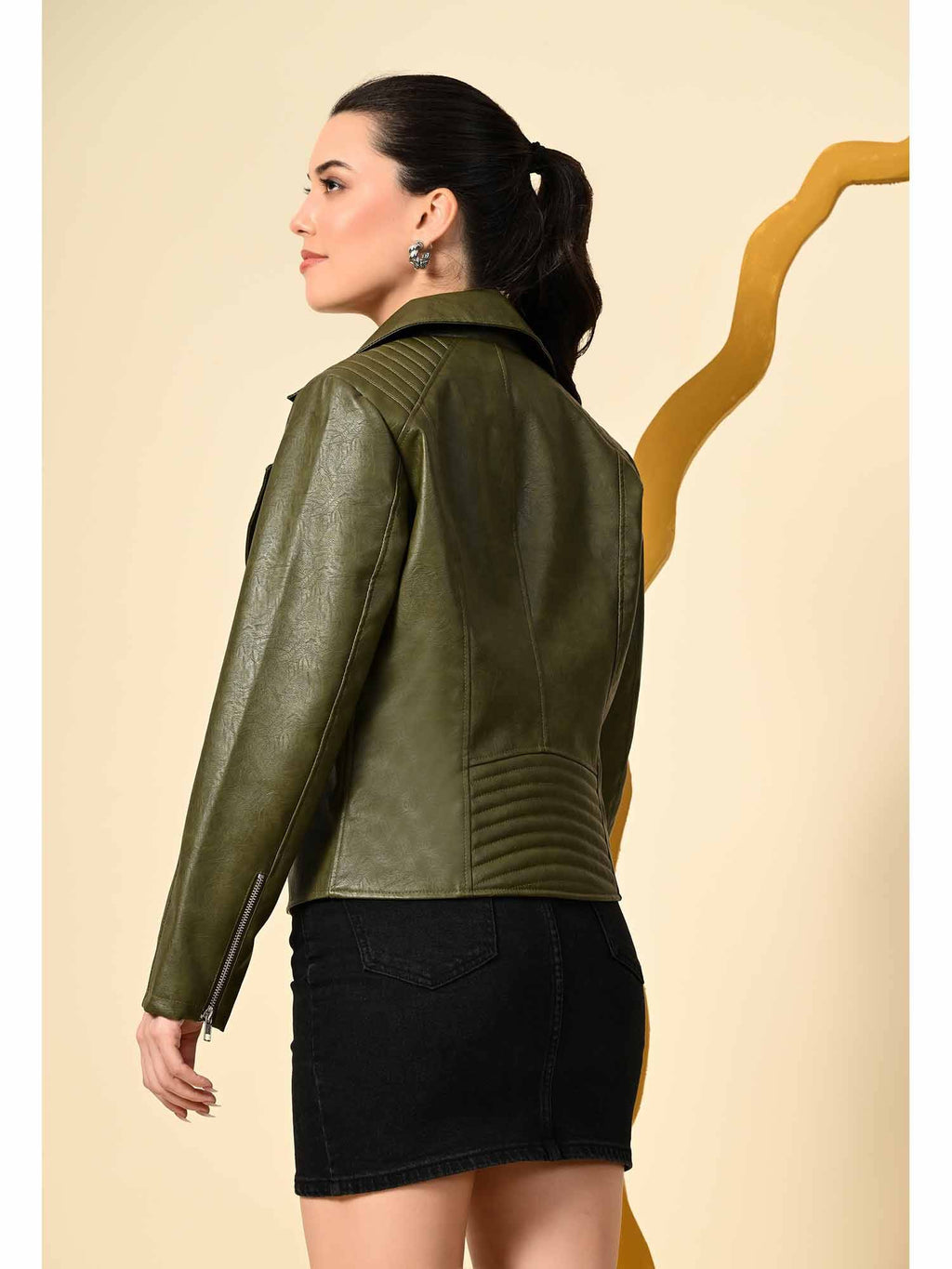 Dark Tan Solid Leather Biker Jacket for Women | JC78 - view 15