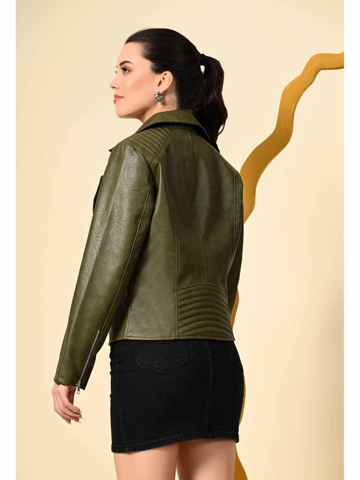Dark Tan Solid Leather Biker Jacket for Women | JC78 - view 15