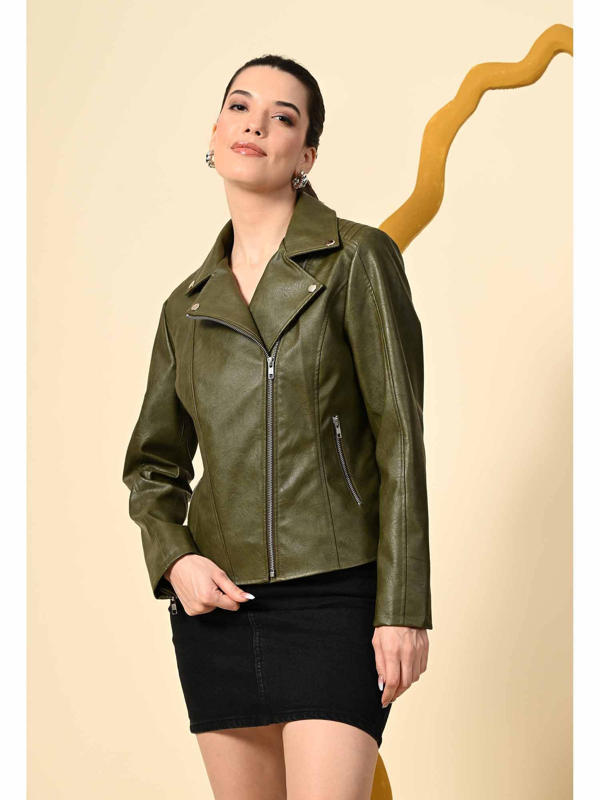 Dark Tan Solid Leather Biker Jacket for Women | JC78 - view 16