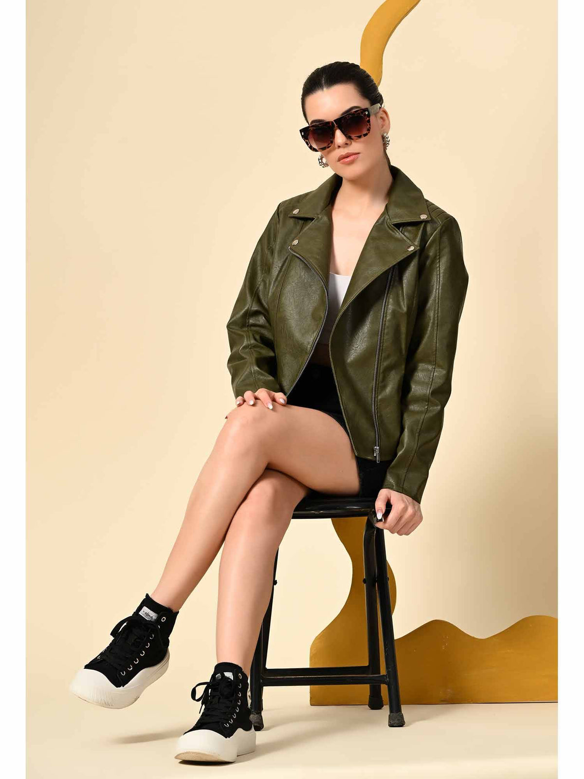 Dark Tan Solid Leather Biker Jacket for Women | JC78 - view 17