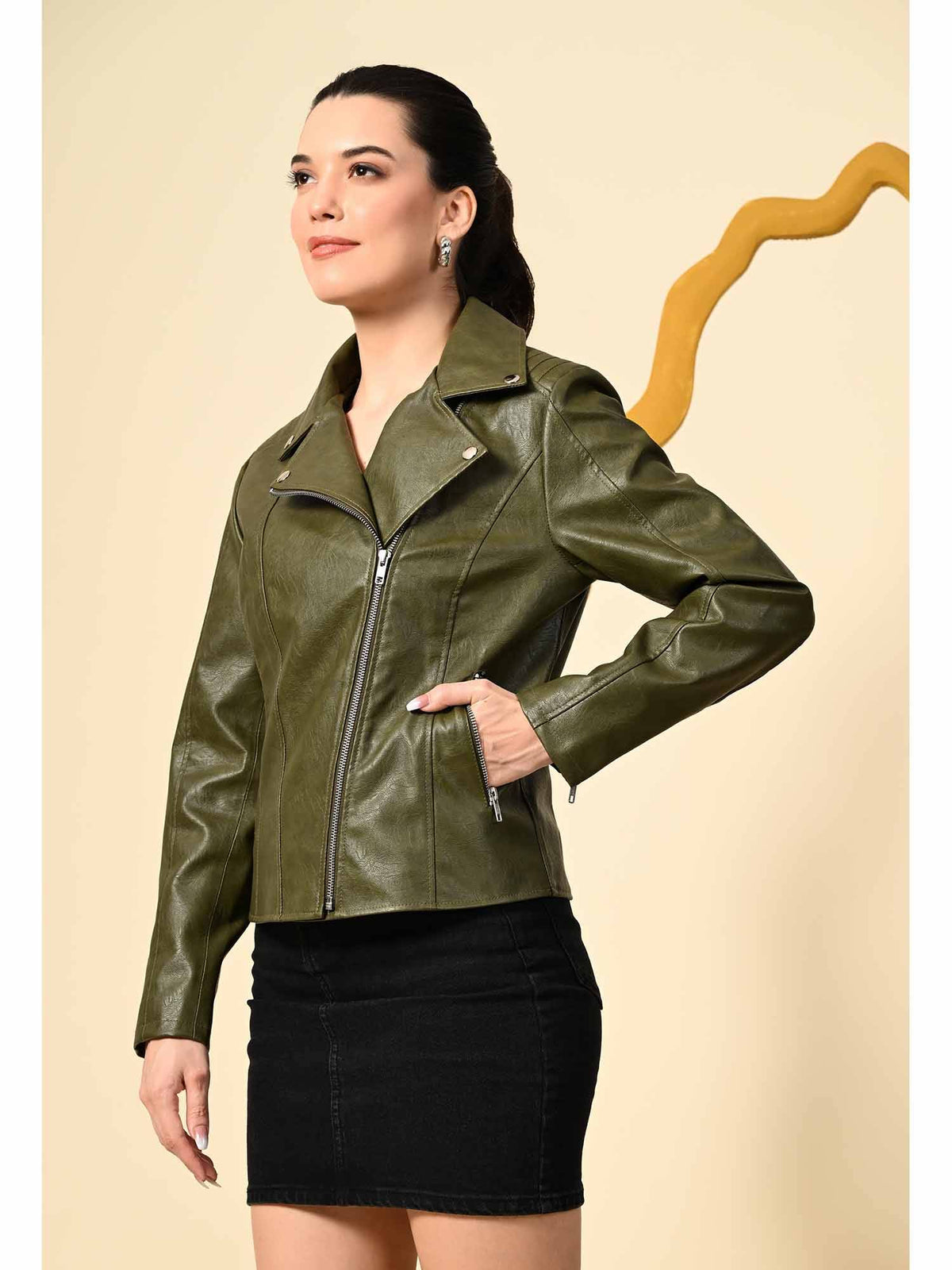 Dark Tan Solid Leather Biker Jacket for Women | JC78 - view 18