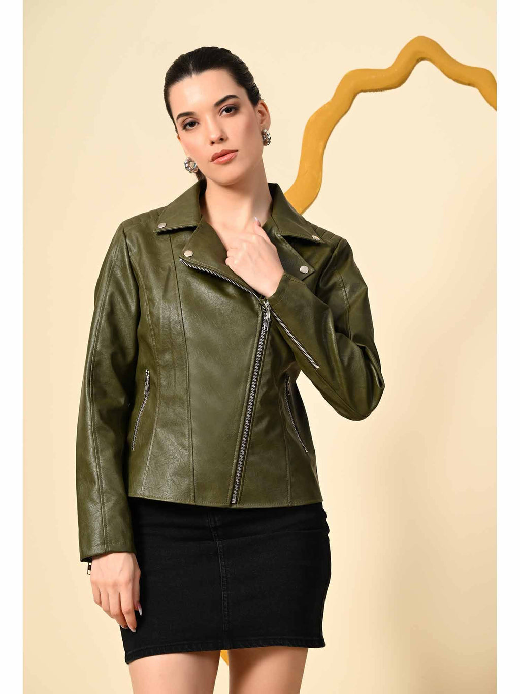 Dark Tan Solid Leather Biker Jacket for Women | JC78 - view 19