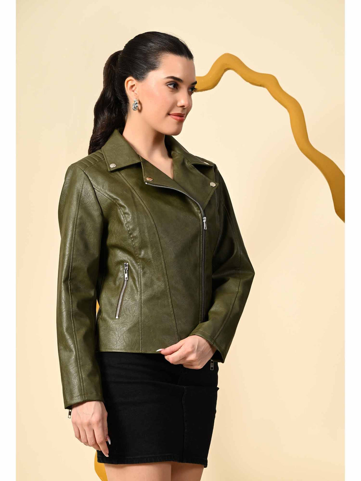 Dark Tan Solid Leather Biker Jacket for Women | JC78 - view 20