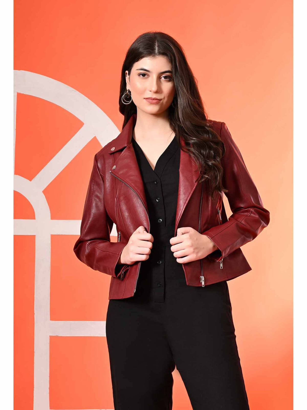 Dark Tan Solid Leather Biker Jacket for Women | JC78 - view 35