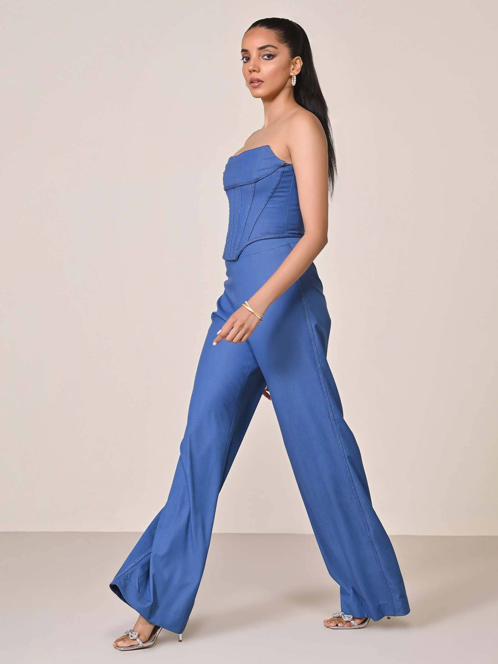Navy Blue Denim Structured Corset Top | TT90 - view 3