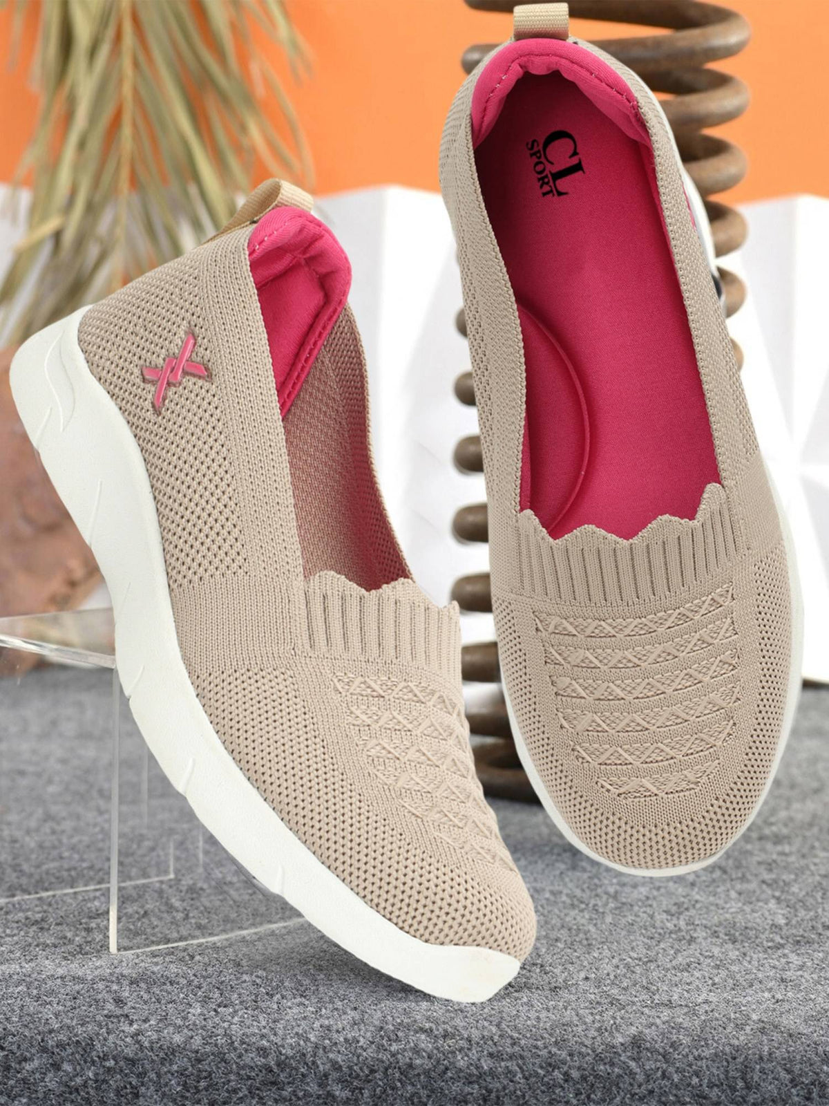 Beige Woven Design Women Slip-On Sneakers | SN09 - view 3