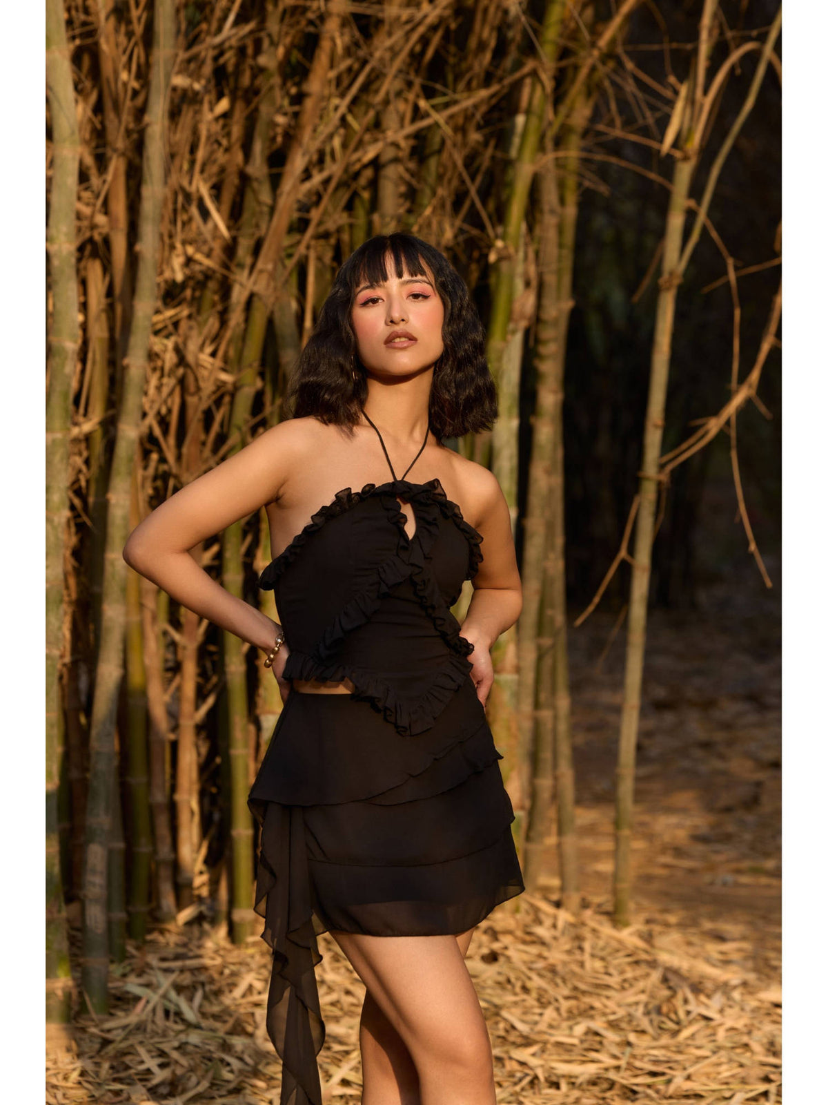 Black Ruffled Halter Neck Top | HT67 - view 4