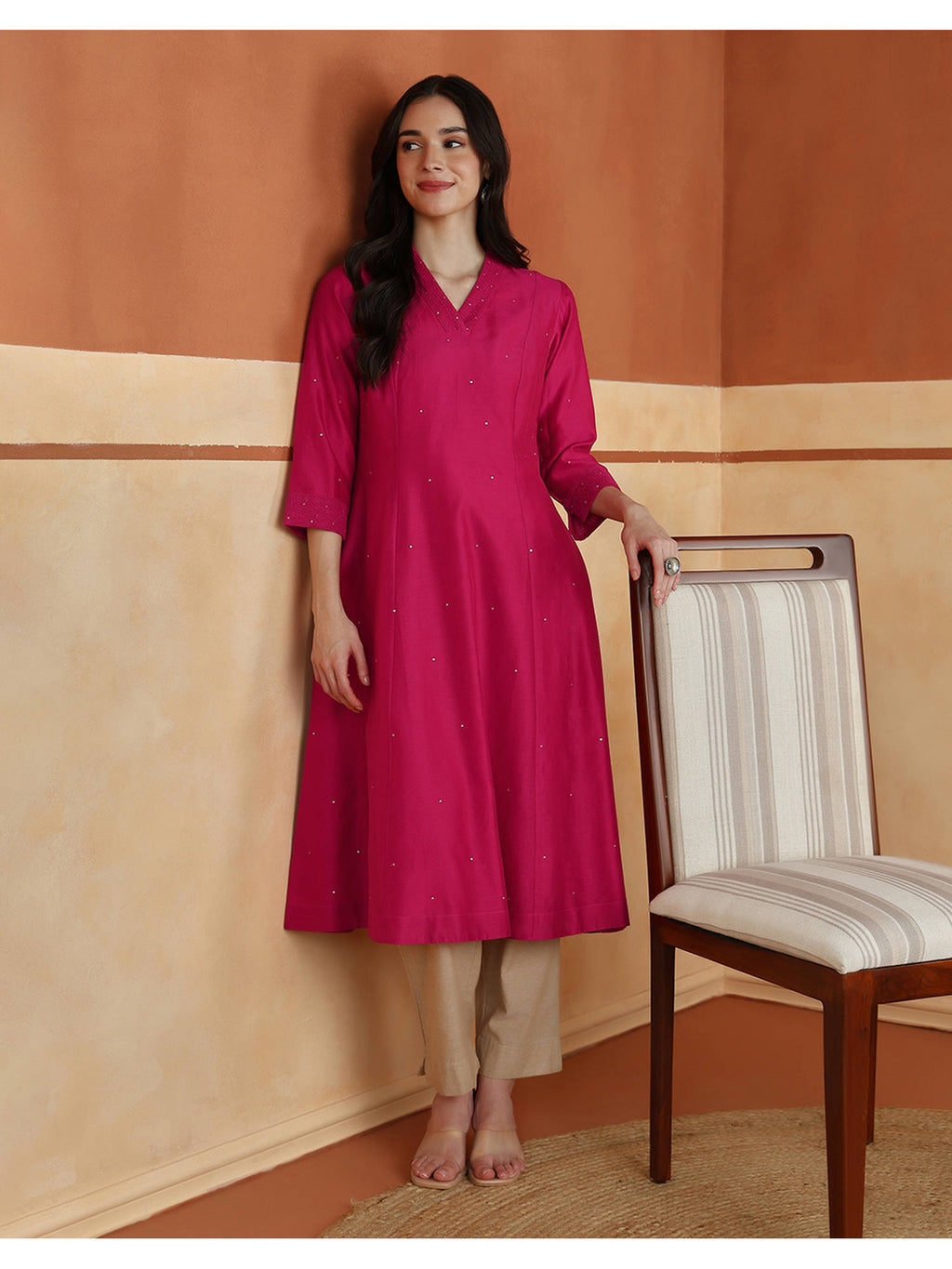 Pink Cotton Silk Embroidered Slim Fit Long Kurta | U3S - view 1