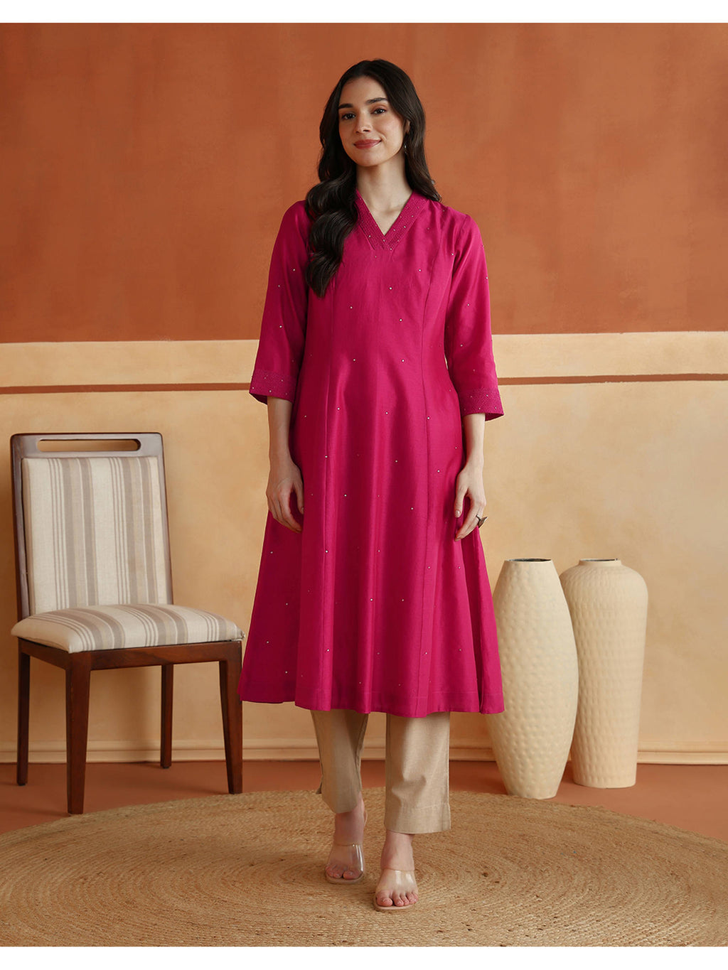 Pink Cotton Silk Embroidered Slim Fit Long Kurta | U3S - view 2
