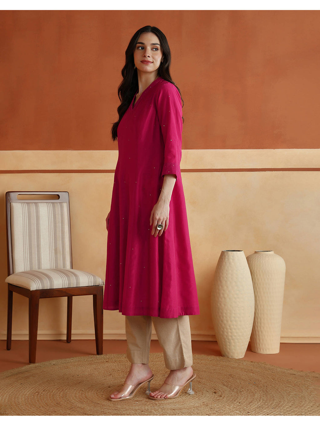 Pink Cotton Silk Embroidered Slim Fit Long Kurta | U3S - view 3