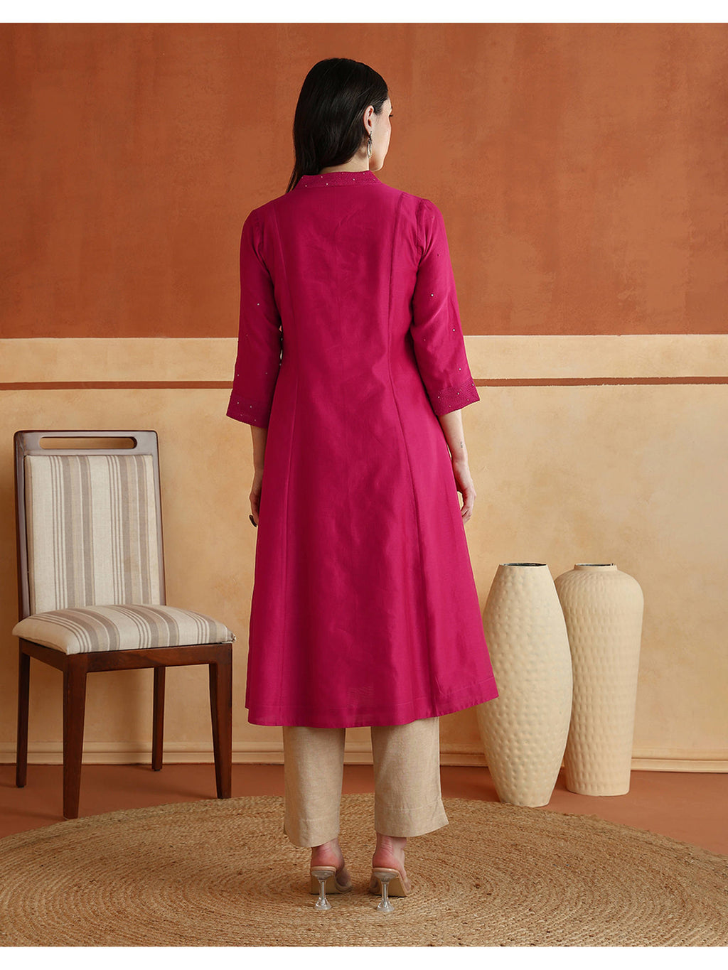 Pink Cotton Silk Embroidered Slim Fit Long Kurta | U3S - view 4