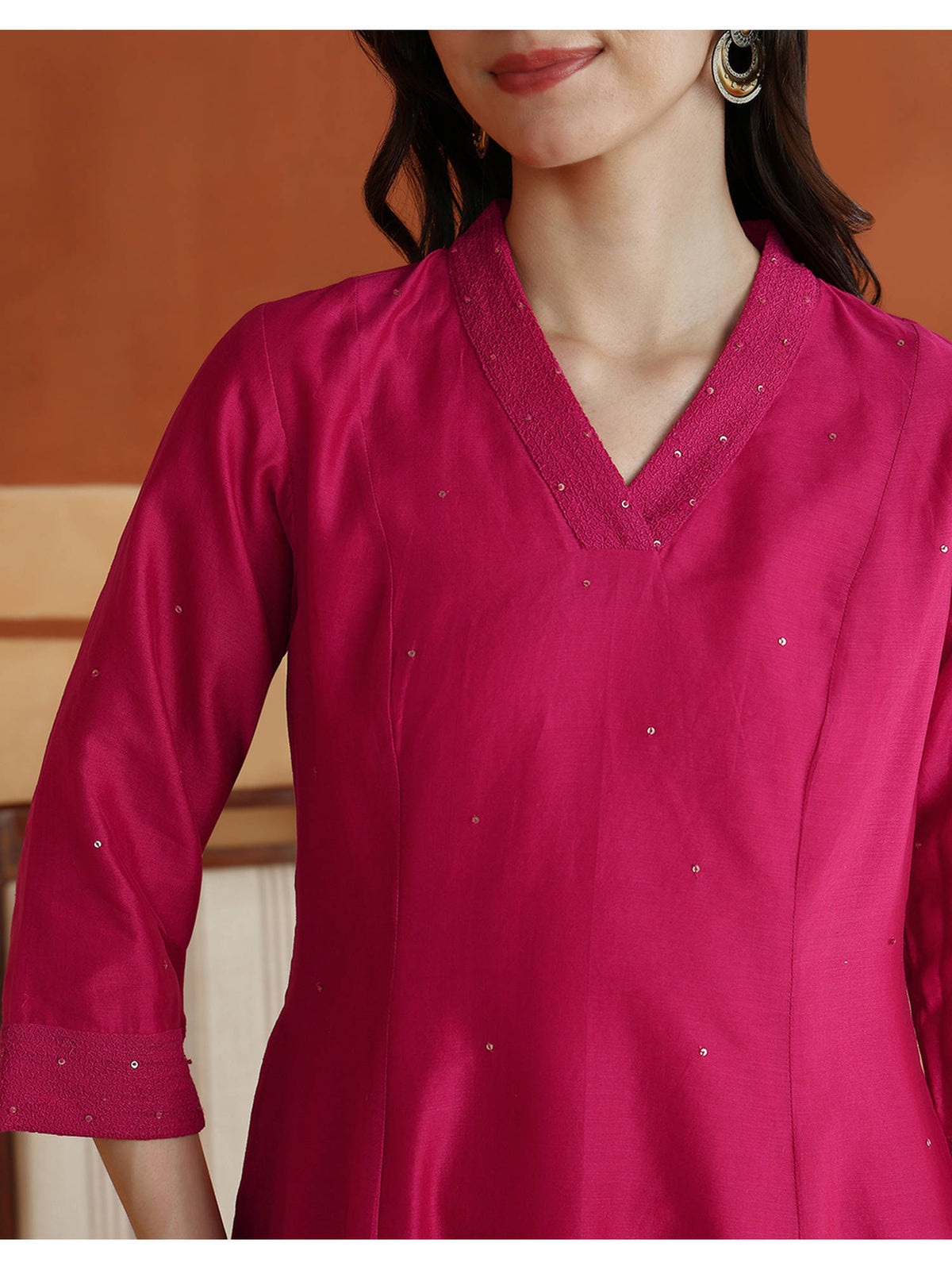 Pink Cotton Silk Embroidered Slim Fit Long Kurta | U3S - view 5