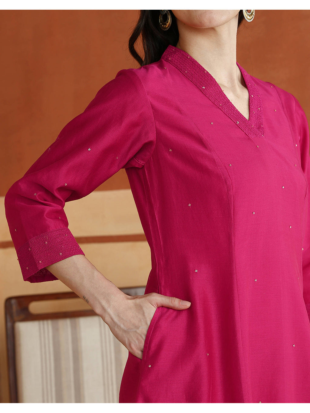 Pink Cotton Silk Embroidered Slim Fit Long Kurta | U3S - view 6