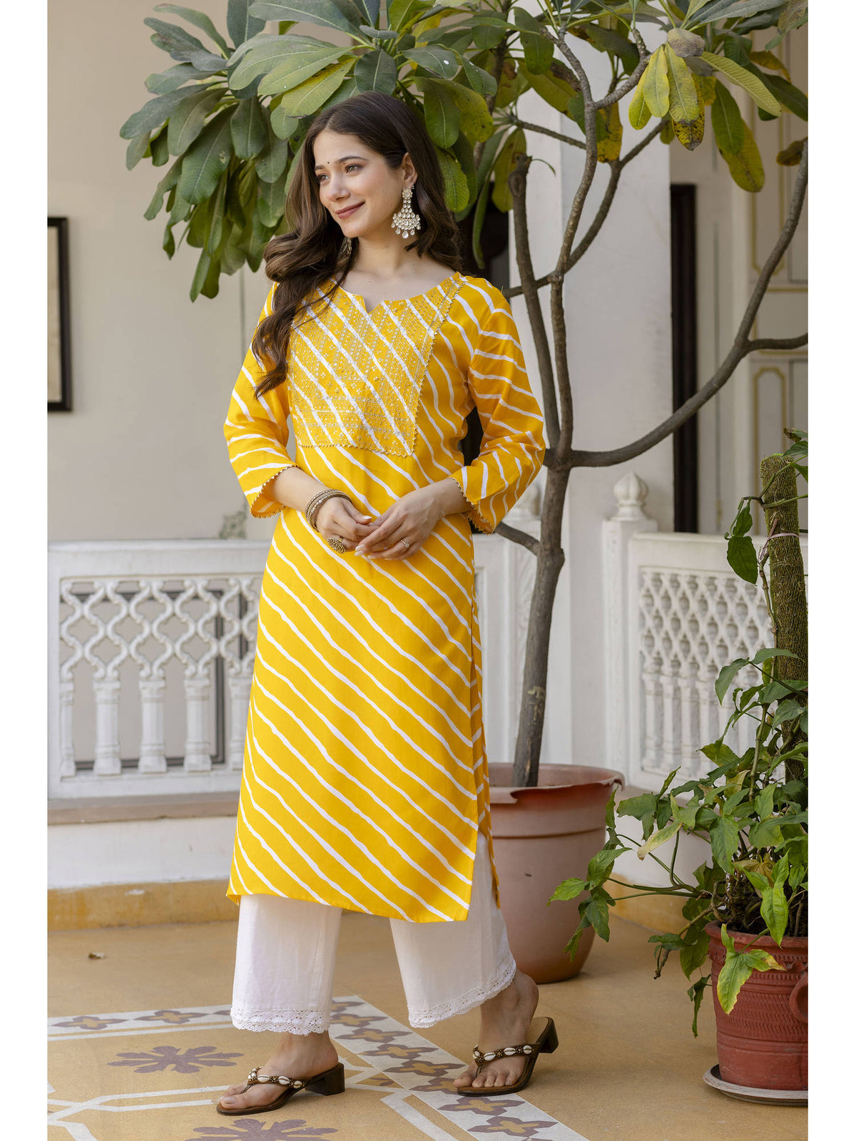 Yellow Cotton Embroidered Kurta | FY93 - view 1