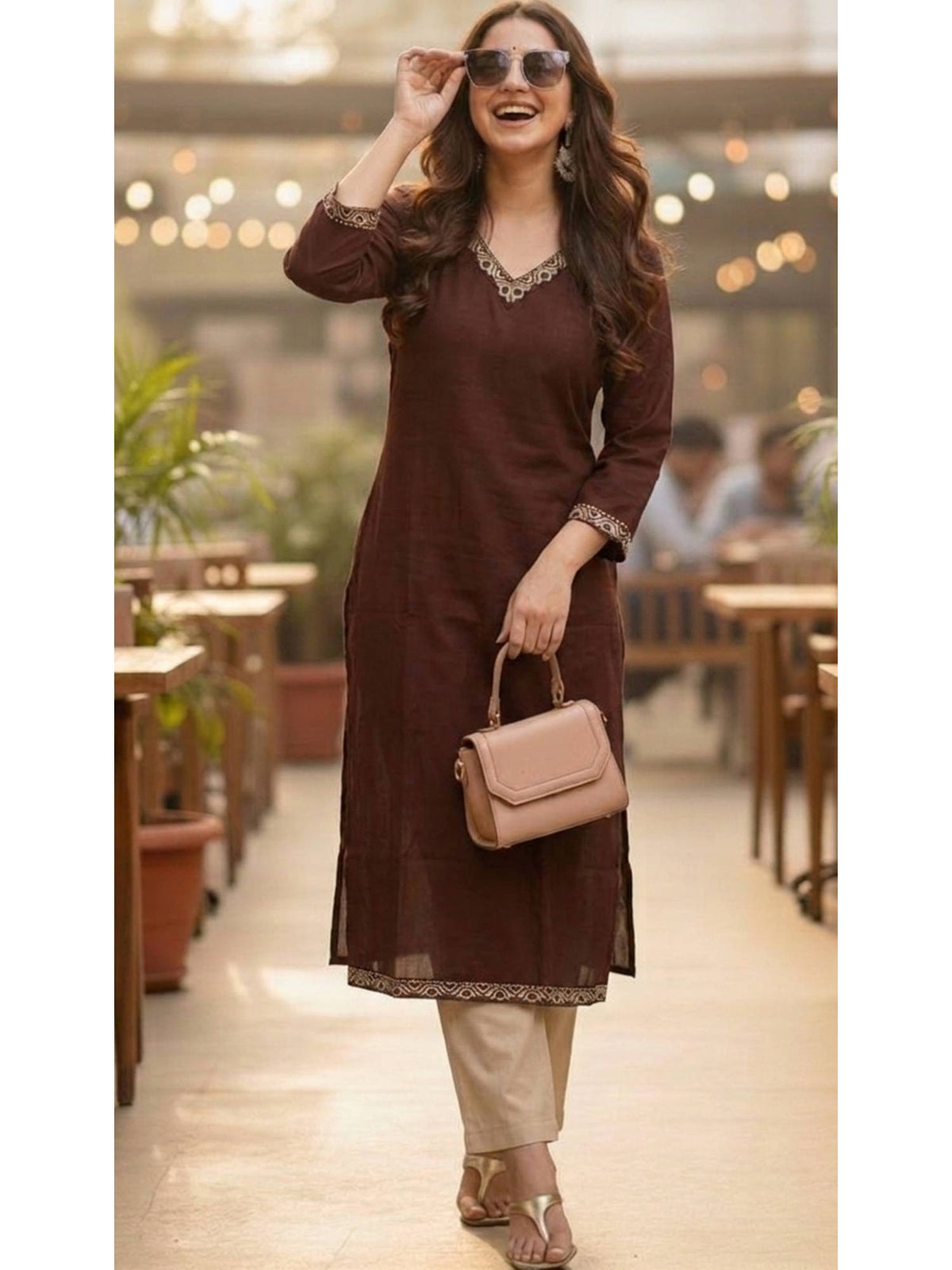 Brown Cotton Embroidered Kurta | U3S - view 1