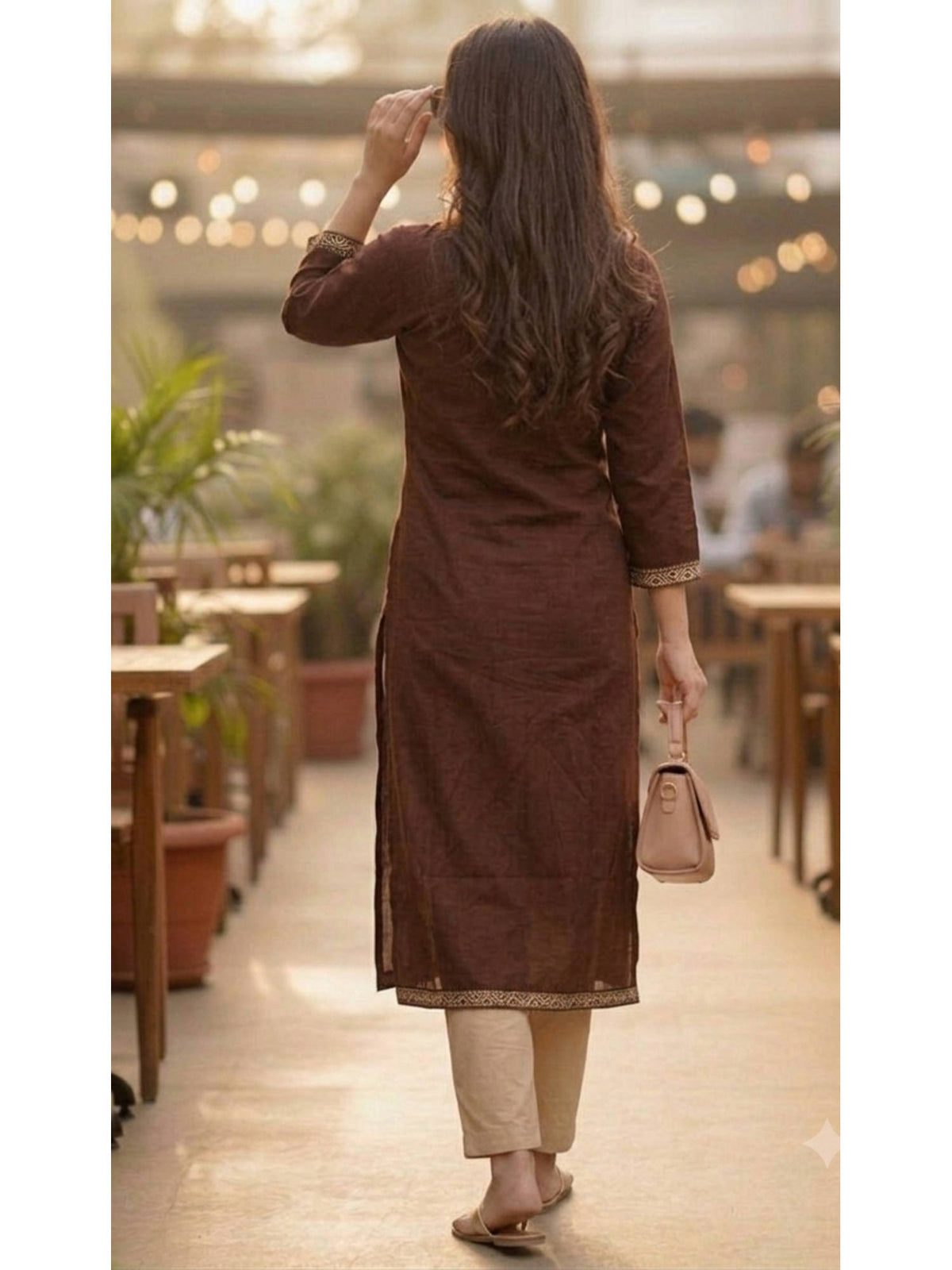 Brown Cotton Embroidered Kurta | U3S - view 2