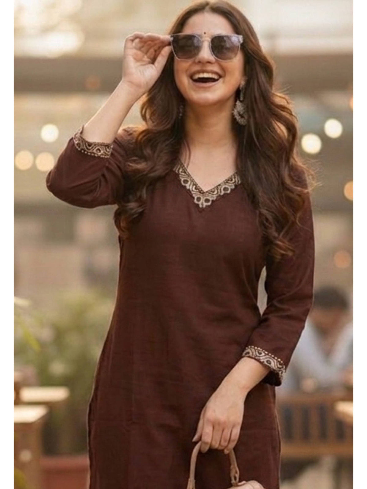 Brown Cotton Embroidered Kurta | U3S - view 3