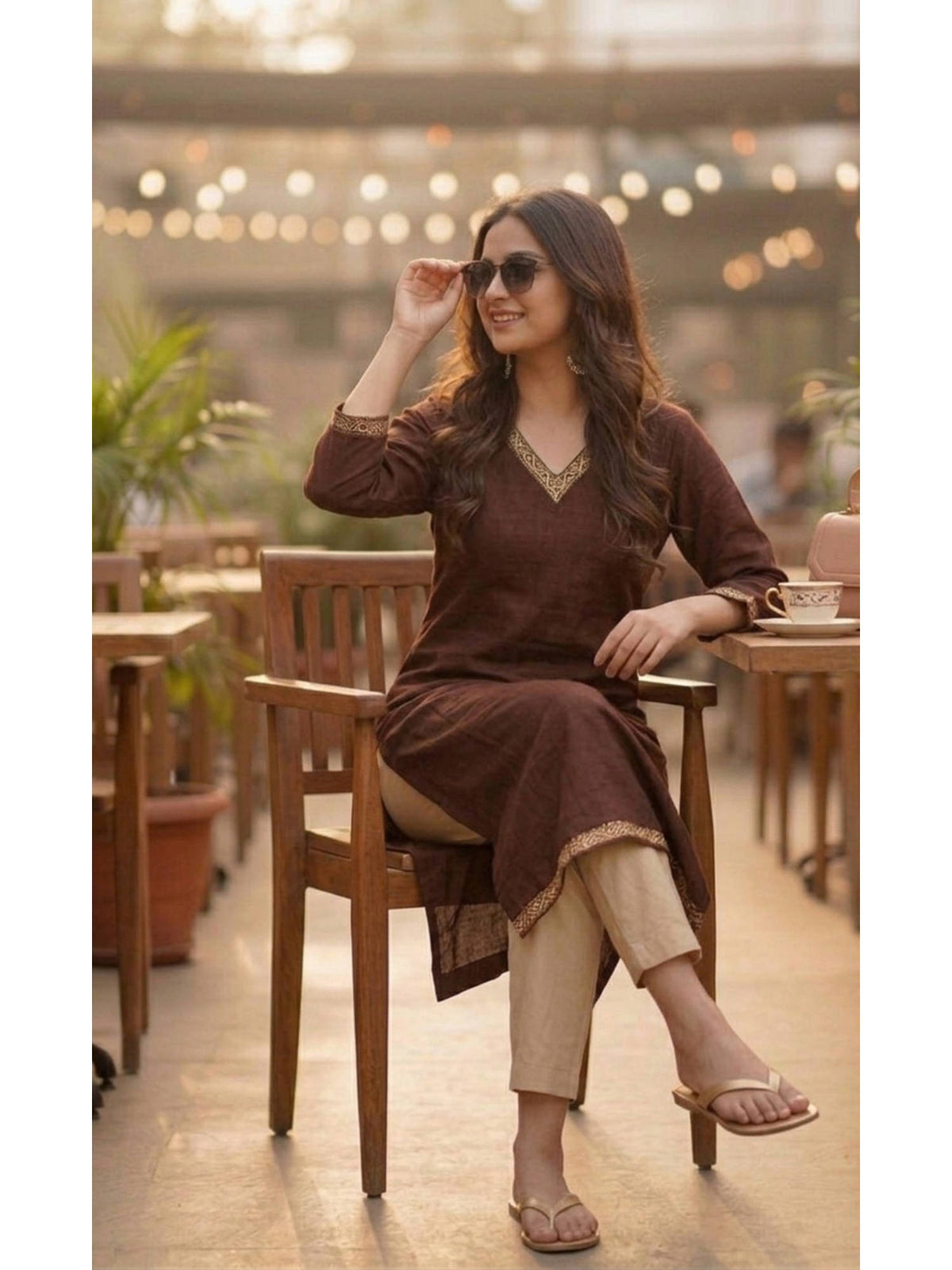 Brown Cotton Embroidered Kurta | U3S - view 4