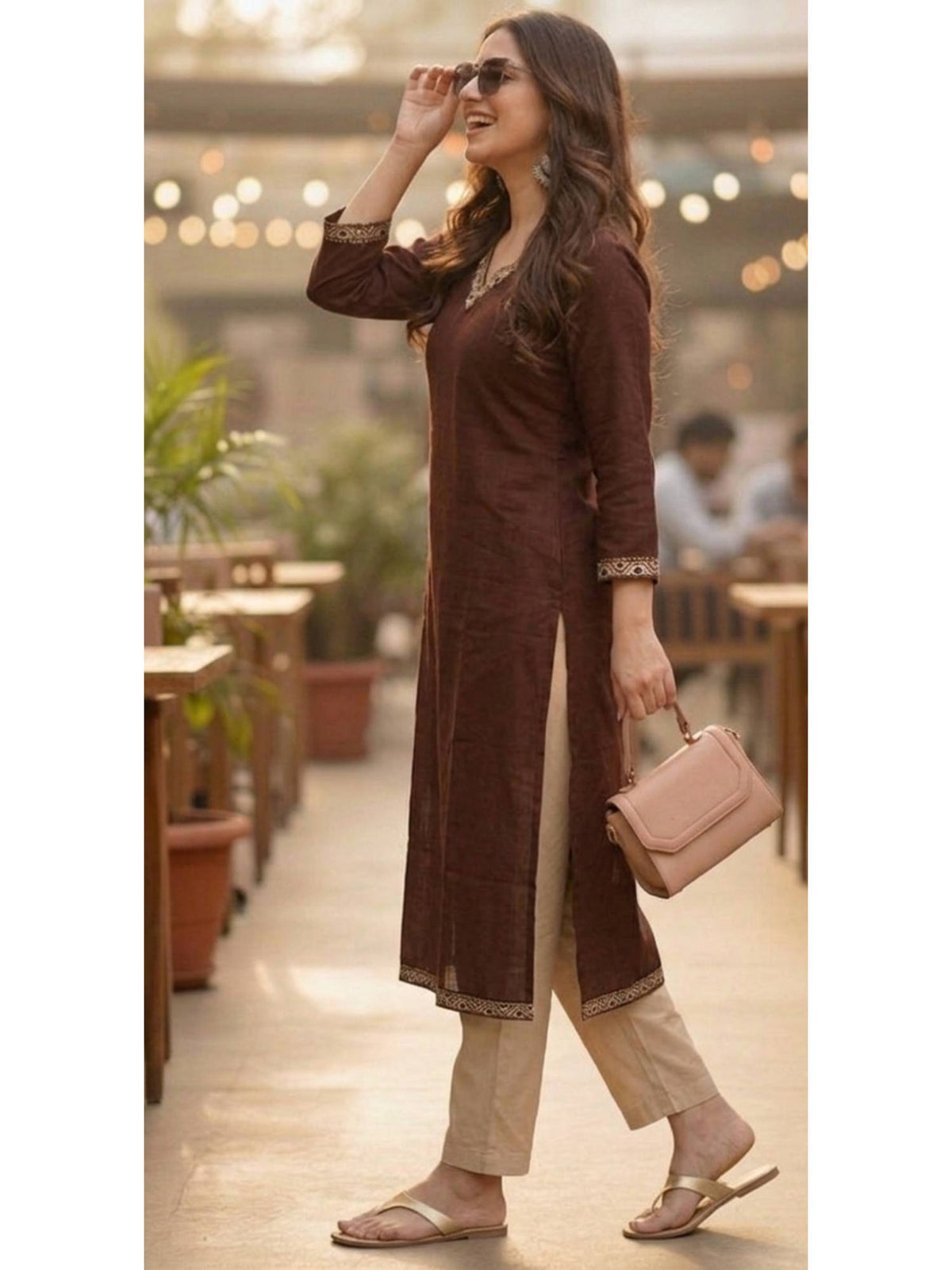 Brown Cotton Embroidered Kurta | U3S - view 5