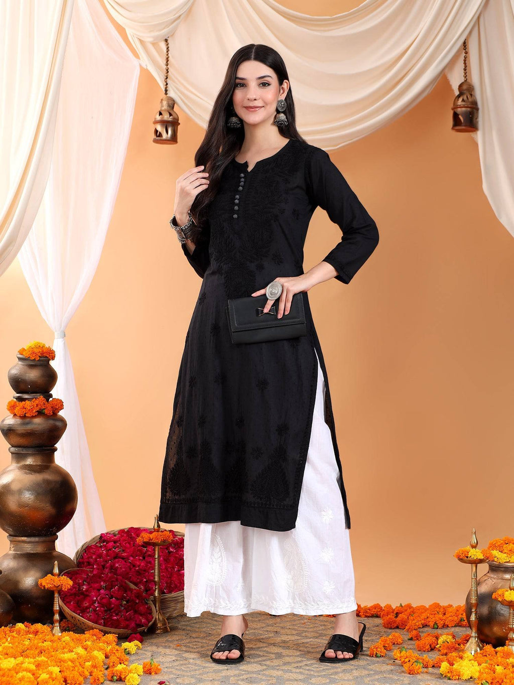 Women Brown Hand Embroidered Chikankari Cotton Solid Kurta | FY93 - view 24