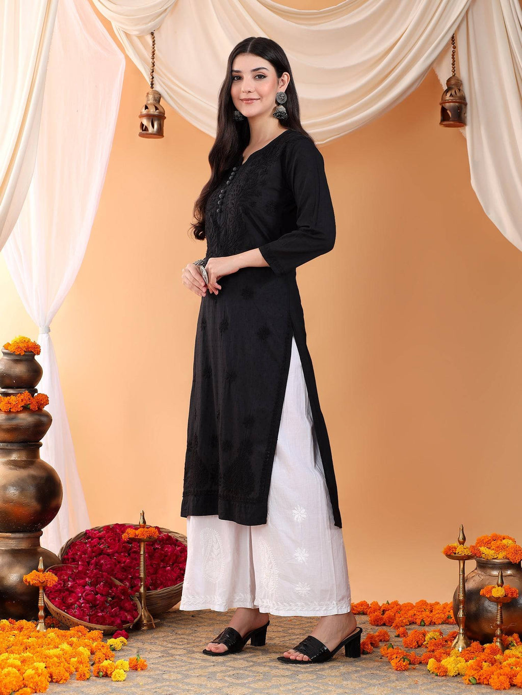 Women Brown Hand Embroidered Chikankari Cotton Solid Kurta | FY93 - view 28