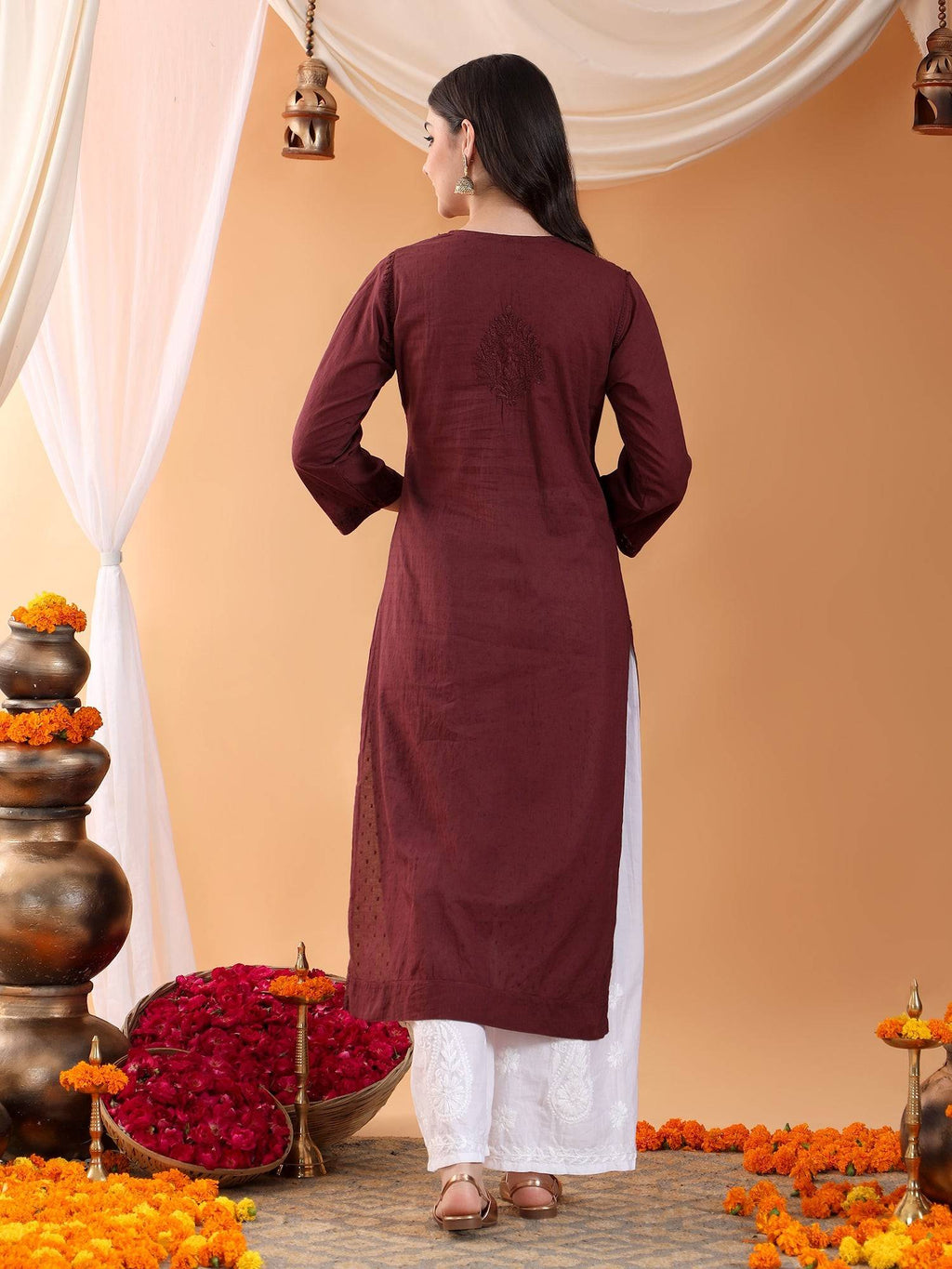 Women Brown Hand Embroidered Chikankari Cotton Solid Kurta | KDG - view 2